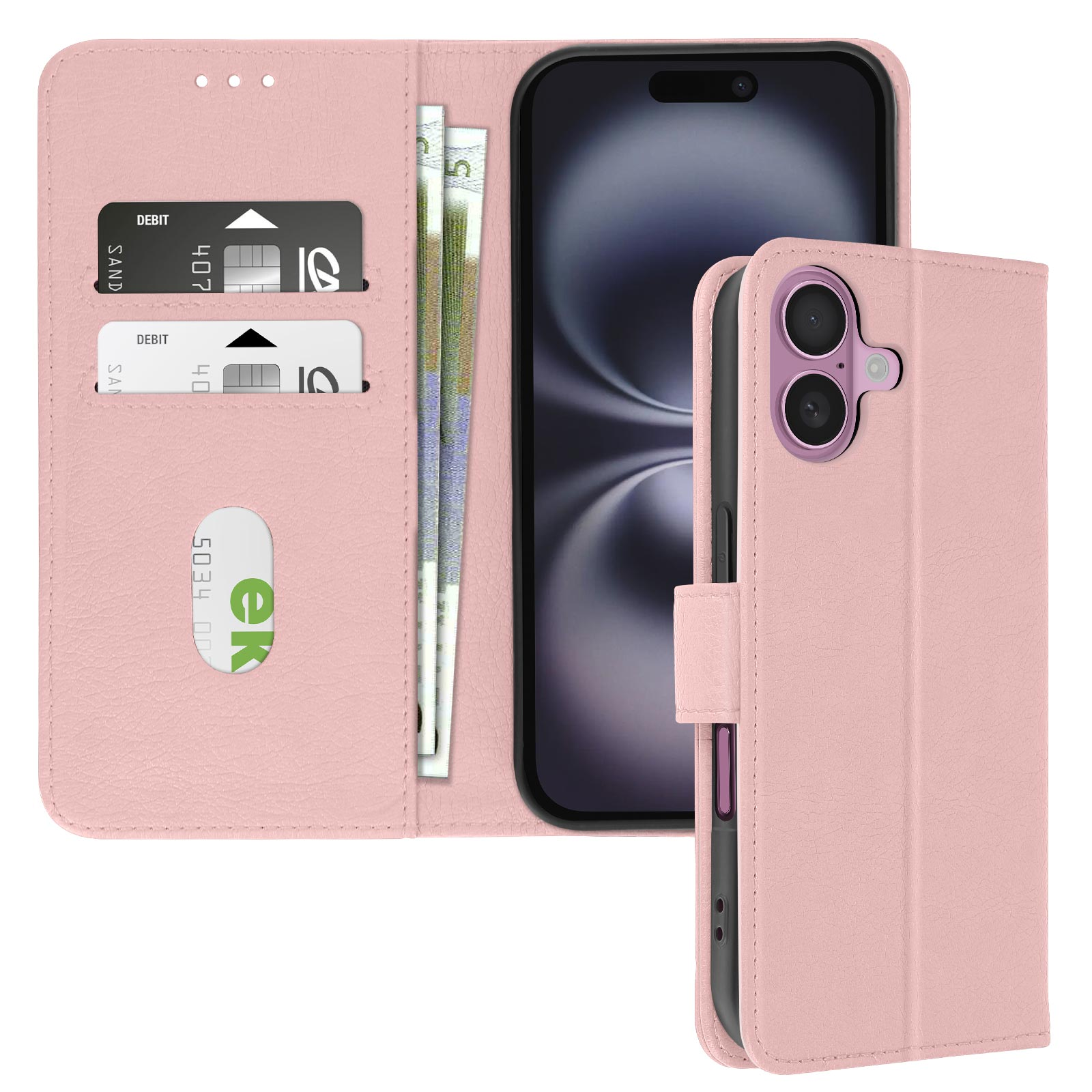 Custodia per telefono rosa, aperta, con carte e denaro all'interno. Il telefono è nella custodia.