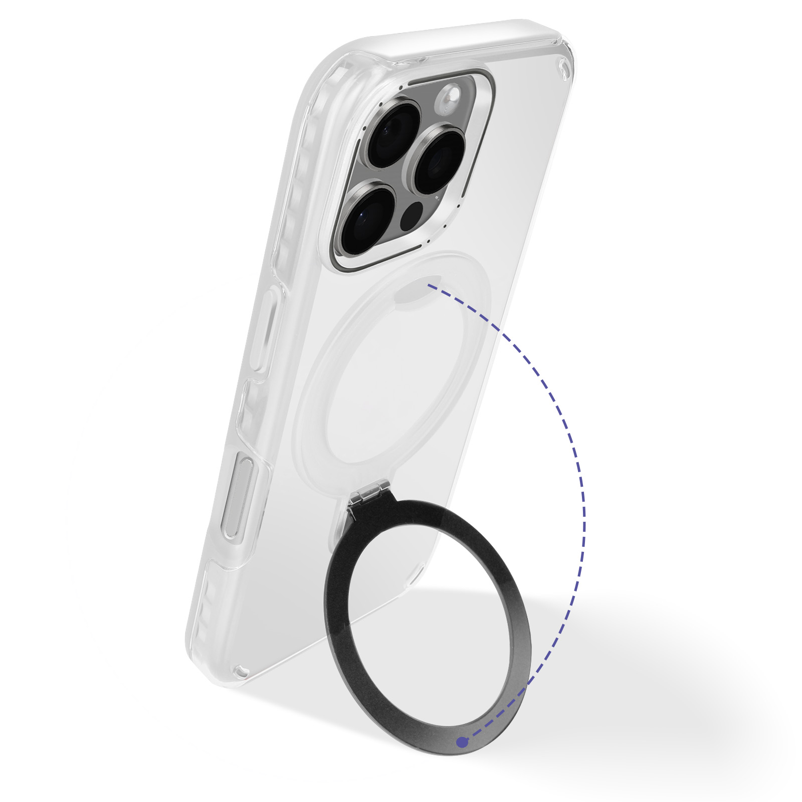 Custodia trasparente con anello. Il telefono è bianco, la custodia ha un anello nero. Sfondo bianco.