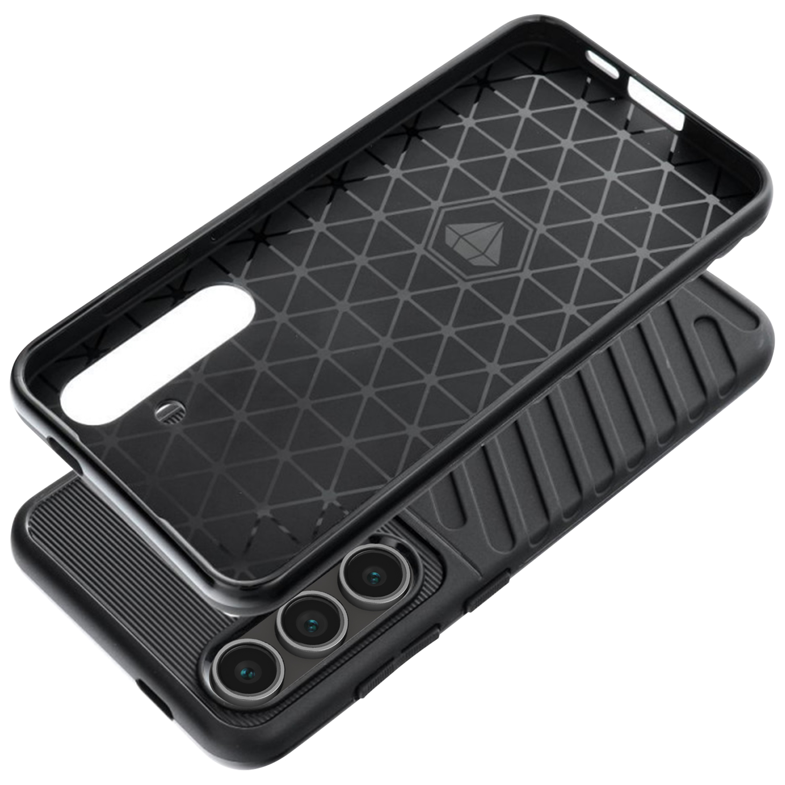 Custodia nera per telefono con parte superiore aperta che mostra gli obiettivi della fotocamera del telefono. La custodia ha un motivo geometrico.
