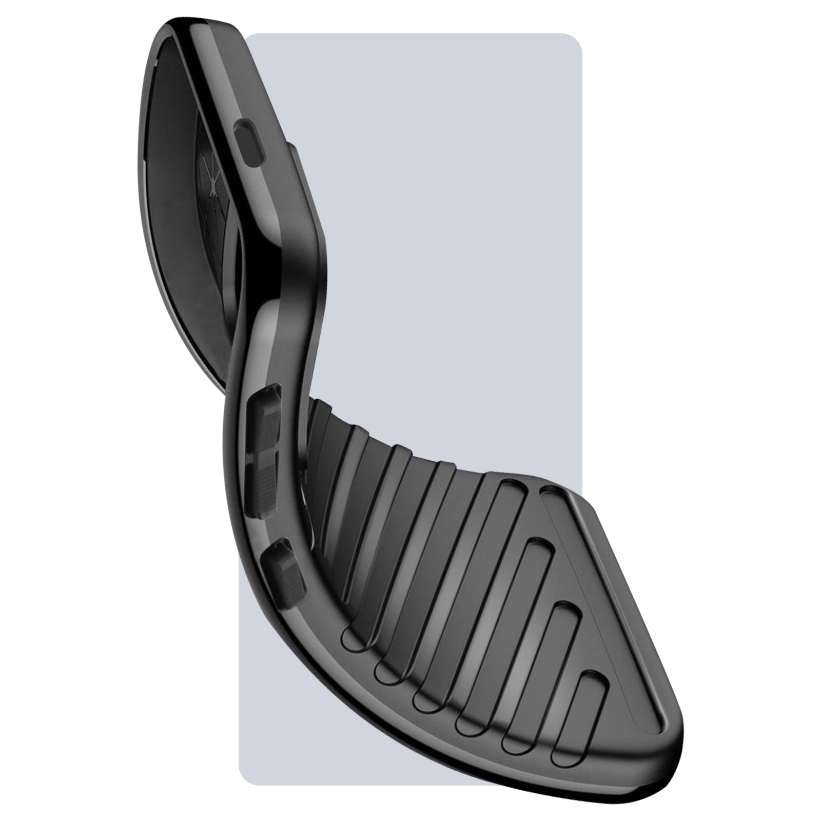 Custodia nera, con un design curvo. La custodia è realizzata in materiale flessibile.