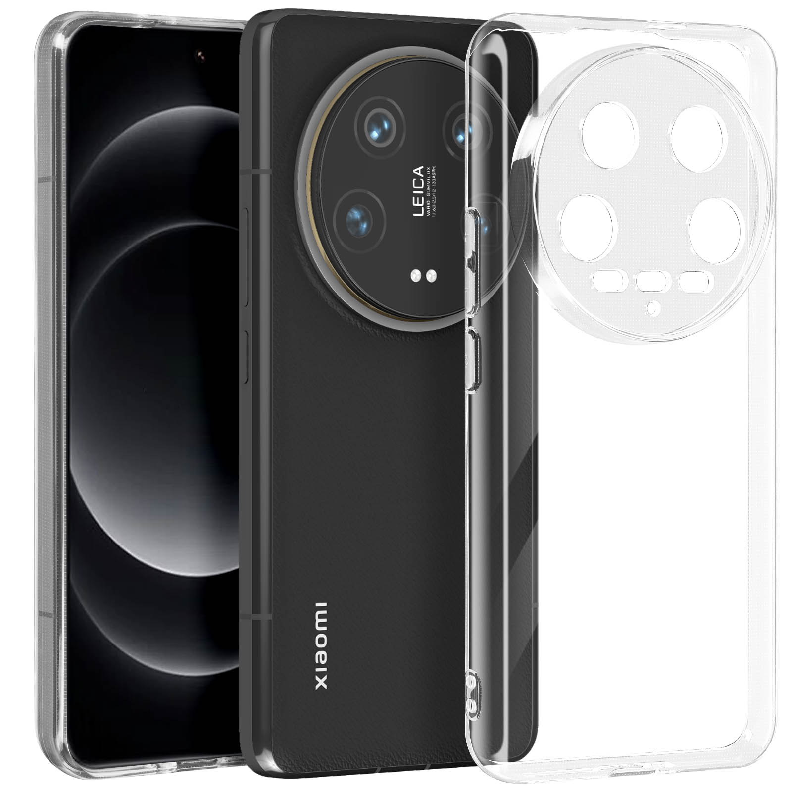 Custodia trasparente con telefono all'interno, che mostra le fotocamere e il logo Xiaomi, su una superficie bianca.