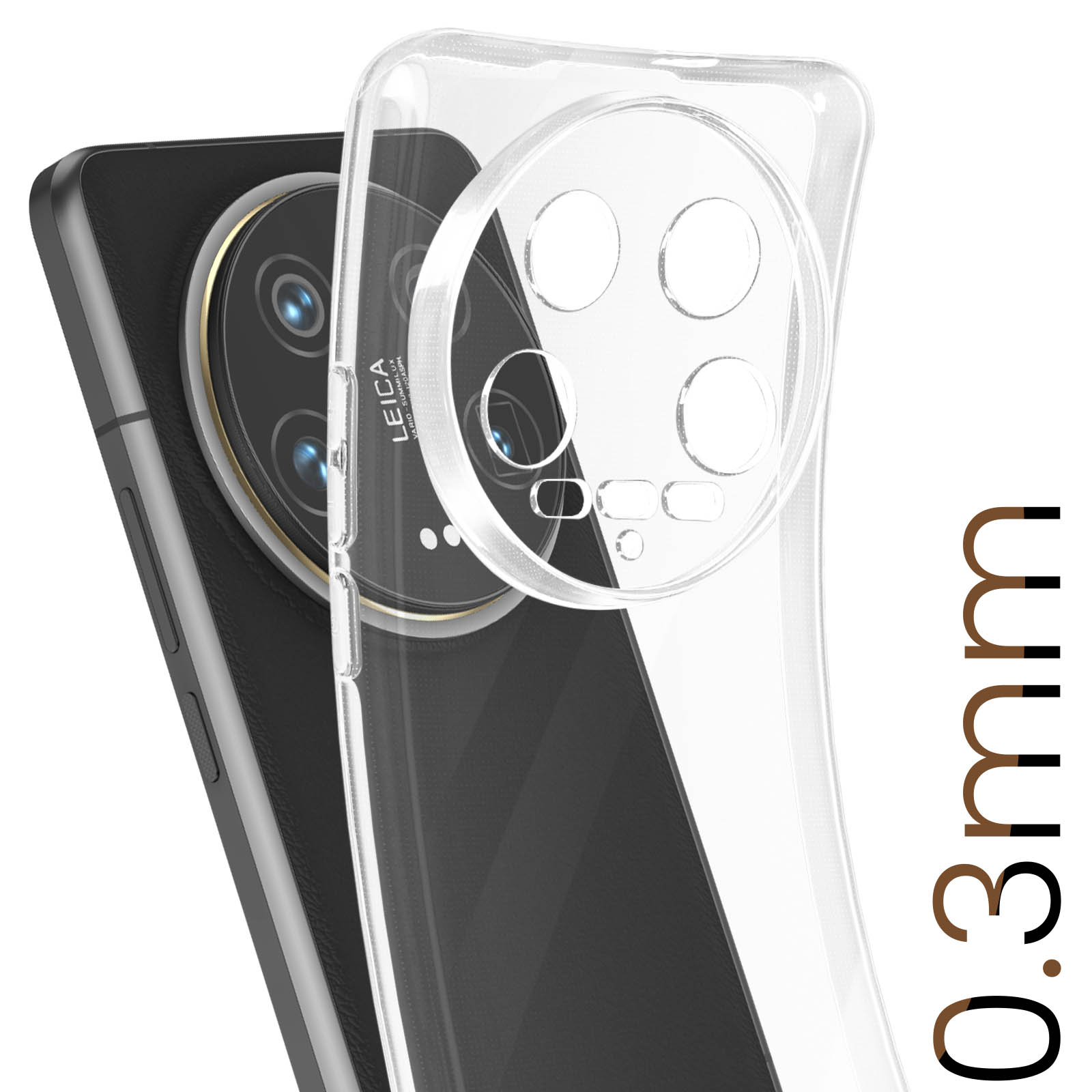Custodia trasparente con telefono all'interno, che mostra le lenti della fotocamera e la scritta 0,3 mm.