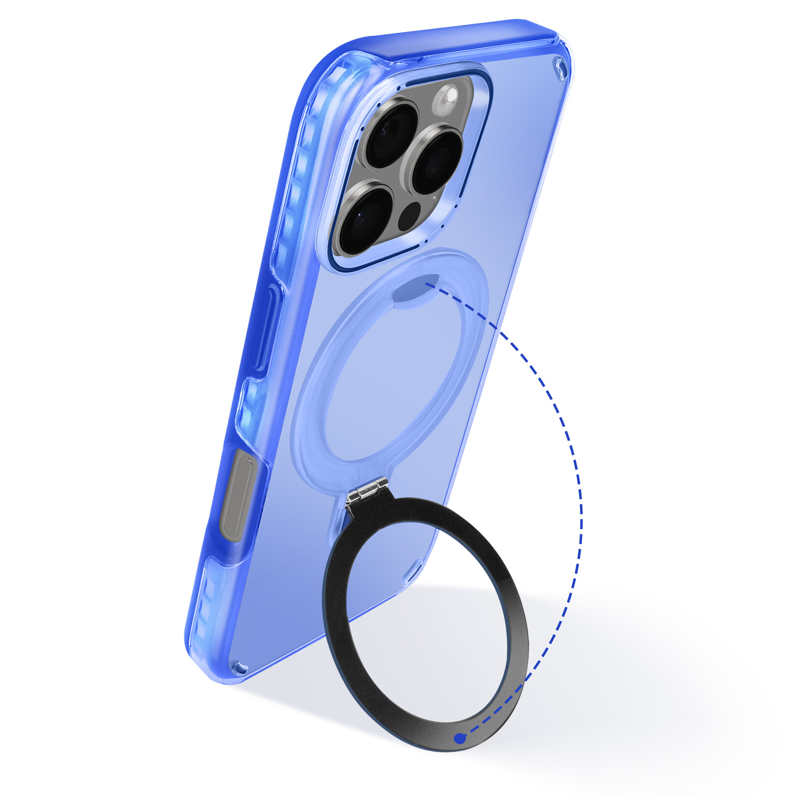 Custodia blu per telefono con supporto ad anello nero. L'anello è esteso. Telefono angolato.