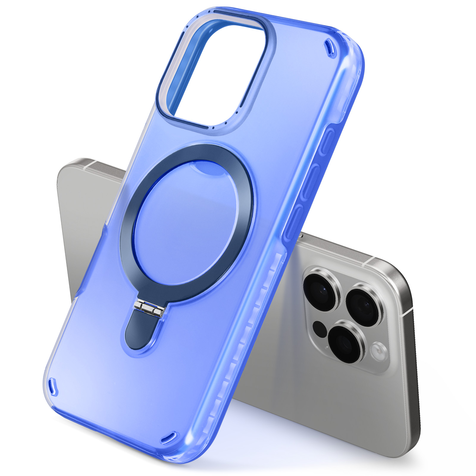 Custodia blu per telefono con supporto ad anello. Due telefoni. Uno nella custodia, uno dietro.