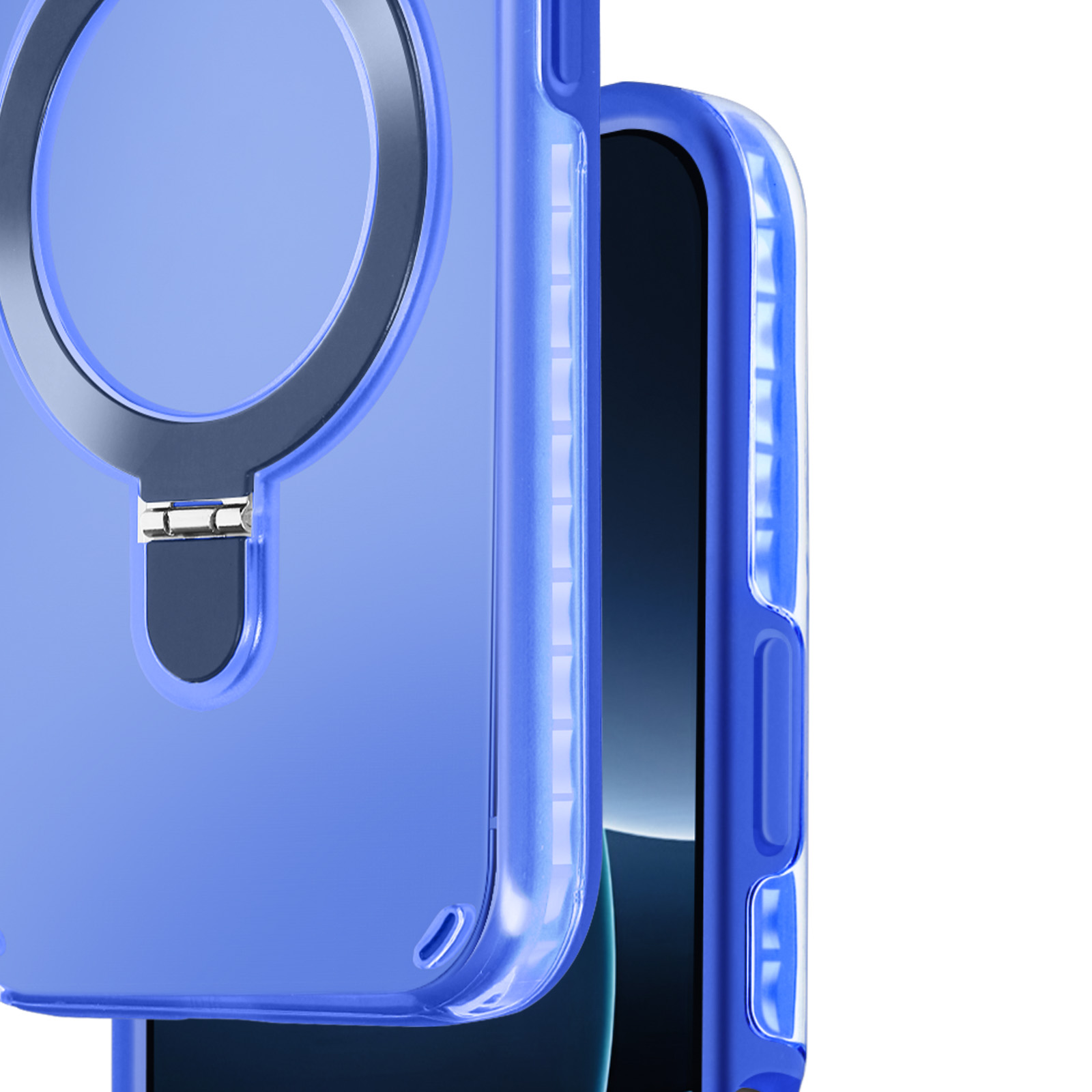Primo piano della custodia blu per telefono con supporto ad anello nero. Telefono nella custodia.