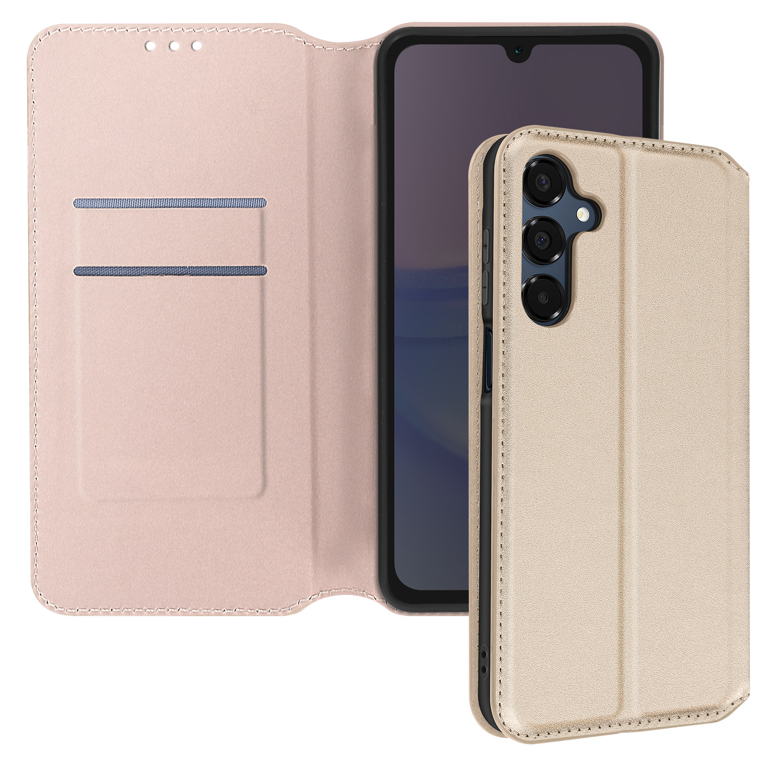 Custodia del telefono aperta. Il telefono è all'interno. Colore beige. Stile libro aperto.