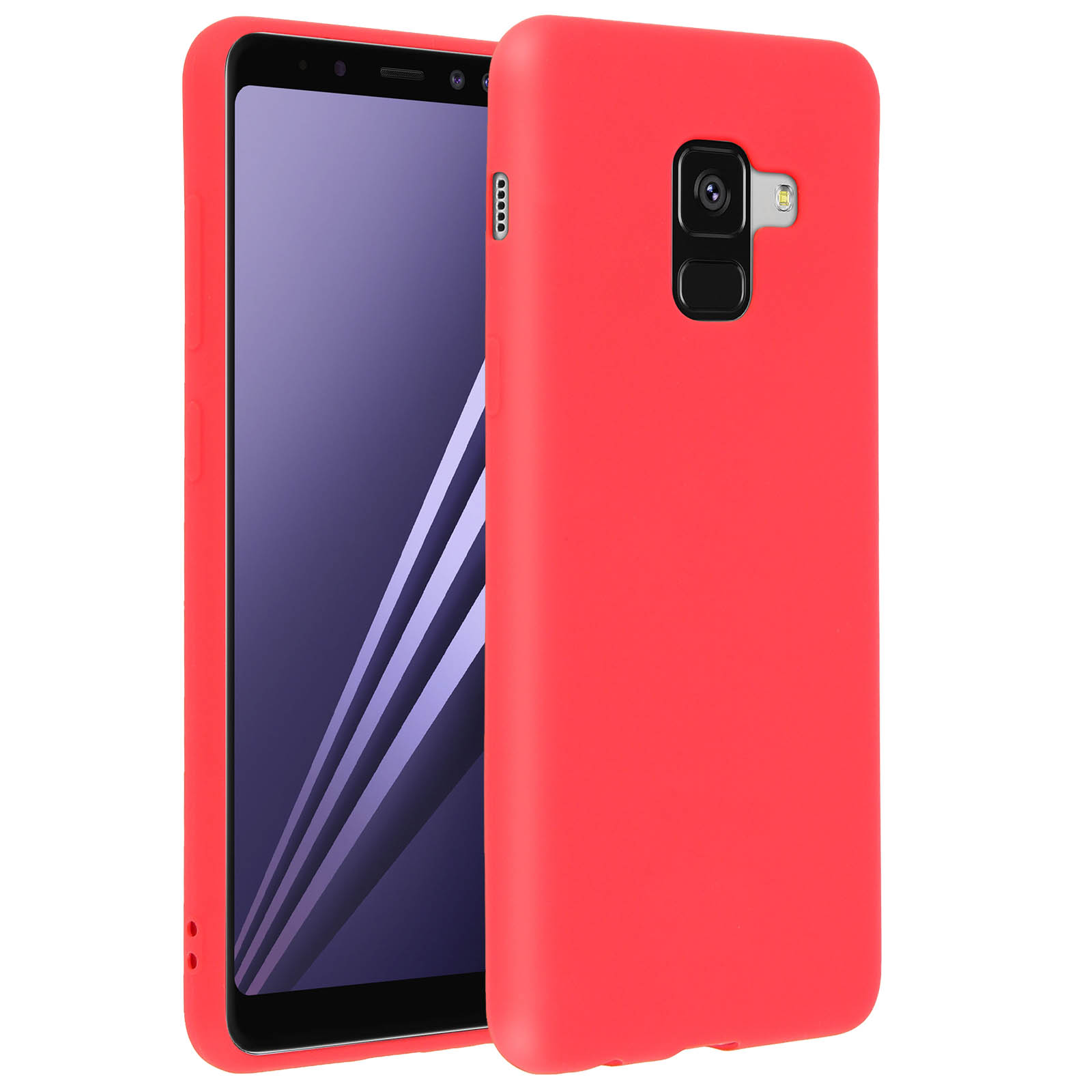 Custodia rossa per telefono con un telefono all'interno. Il telefono è sul lato sinistro.
