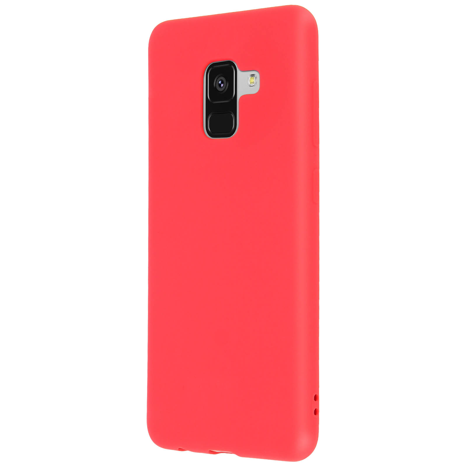 Una custodia rossa per telefono con fotocamera sul retro. La custodia è rossa. Lo sfondo è bianco.