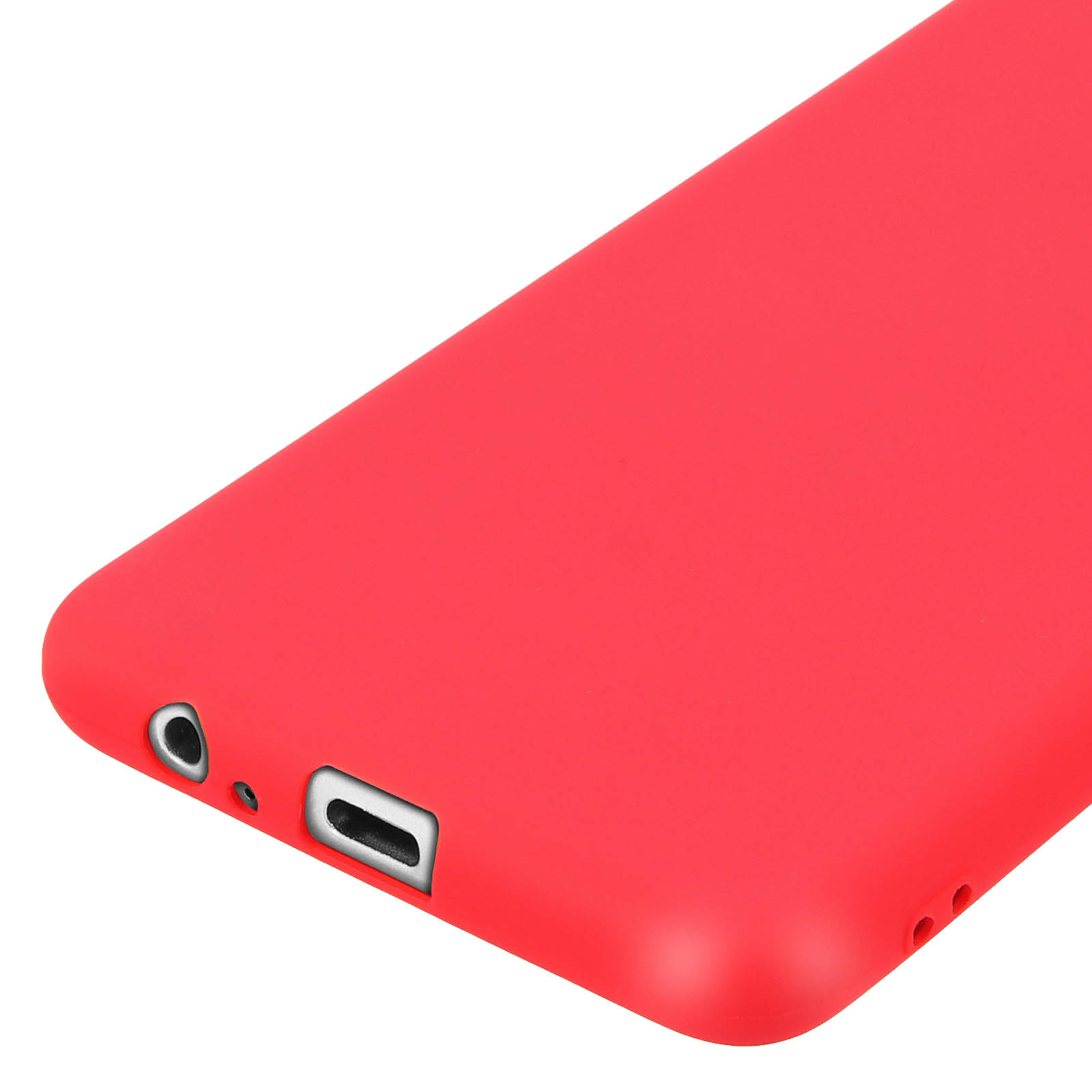 Primo piano della custodia rossa per telefono. I fori per il caricabatterie e le cuffie sono visibili.