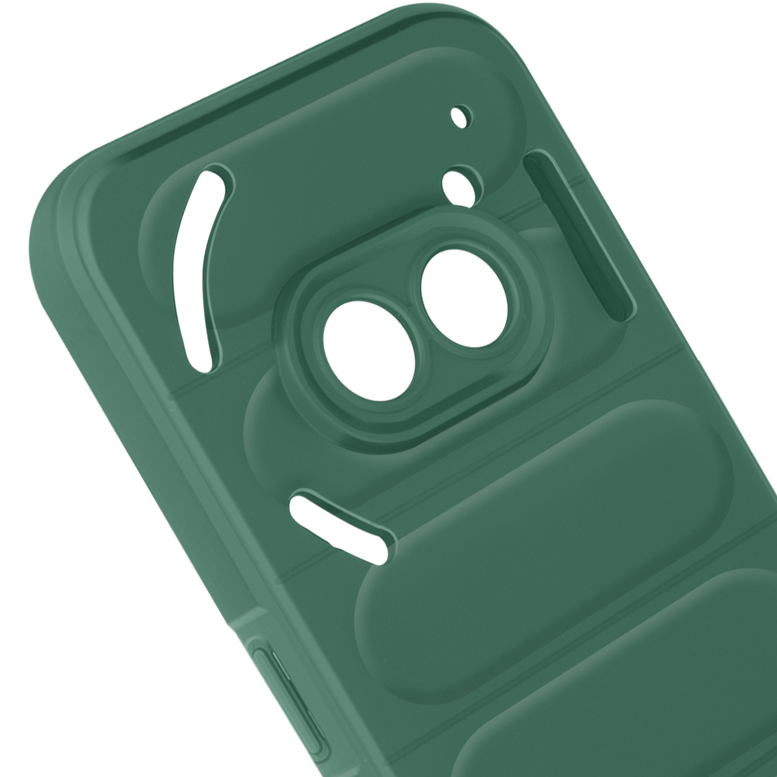 Primo piano della custodia verde per telefono. Ritagli della fotocamera visibili. Custodia angolata.
