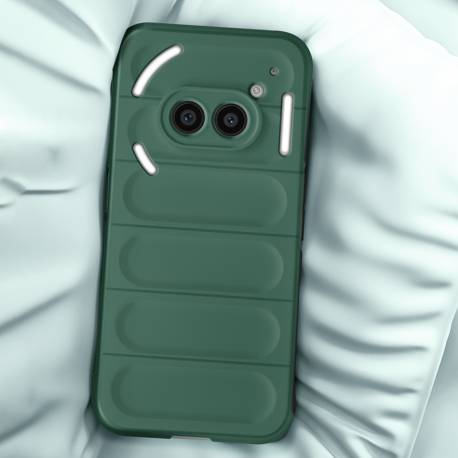 Custodia verde per telefono. Telefono dentro. La custodia è su un cuscino bianco. Verde.