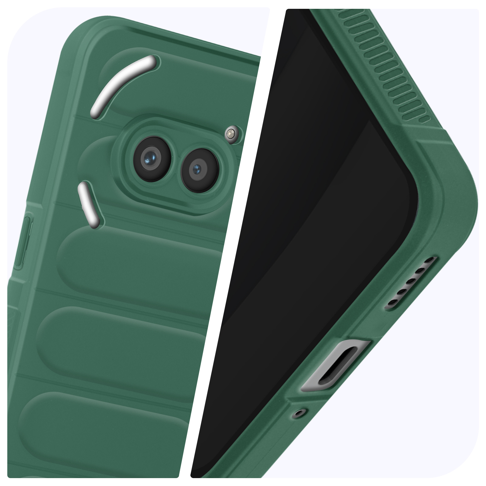 Una custodia verde per telefono con un telefono all'interno. La custodia è verde e ha un design unico sul retro.
