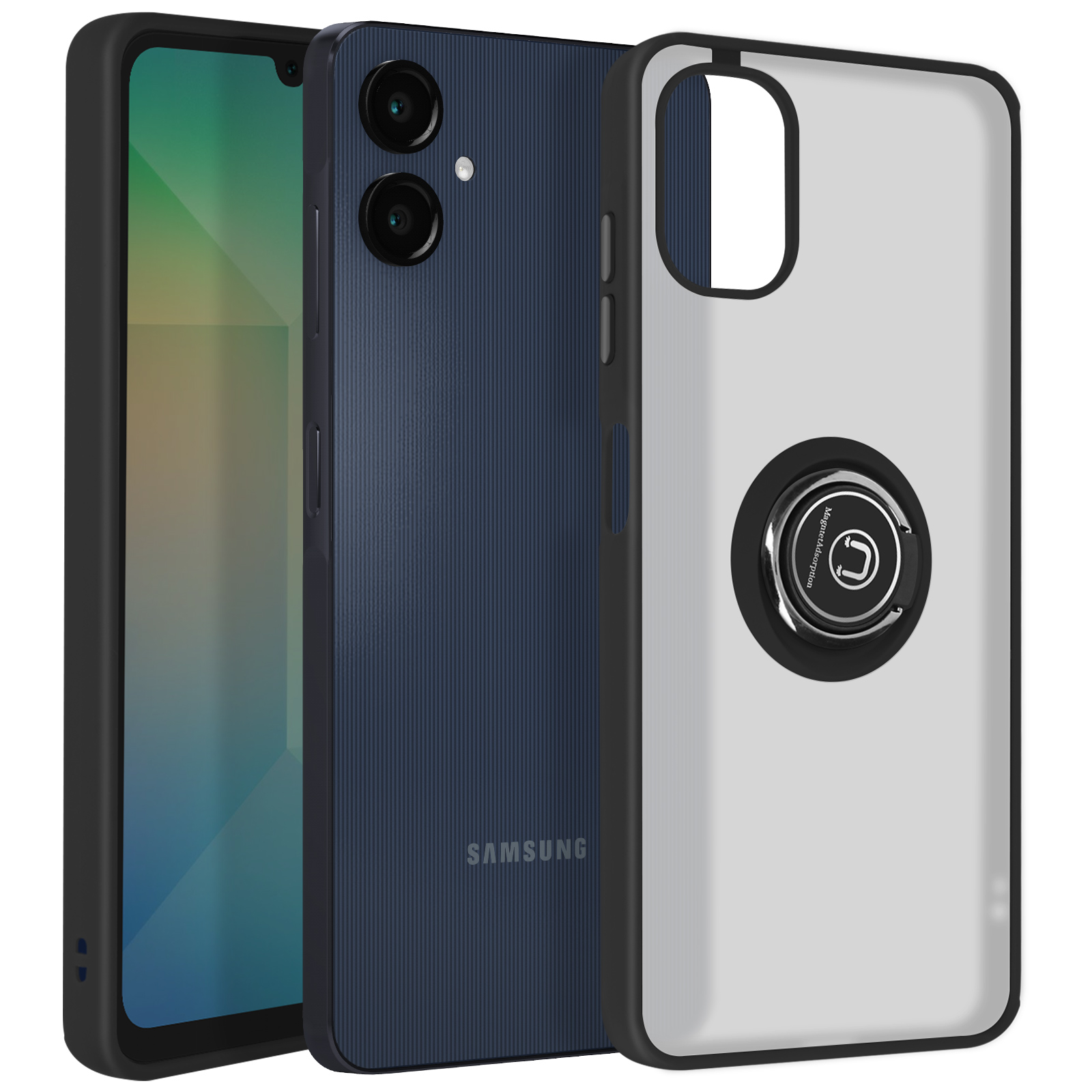 Un telefono, una custodia e una custodia con anello. Il telefono a sinistra, la custodia ad anello a destra. Il telefono è blu.