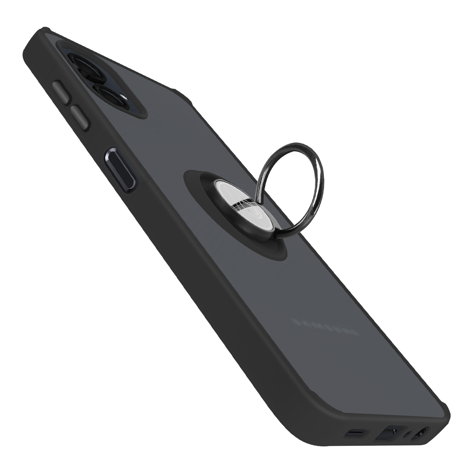 Custodia nera per telefono con anello. Colori grigio e nero. Vista angolata con SAMSUNG visibile.
