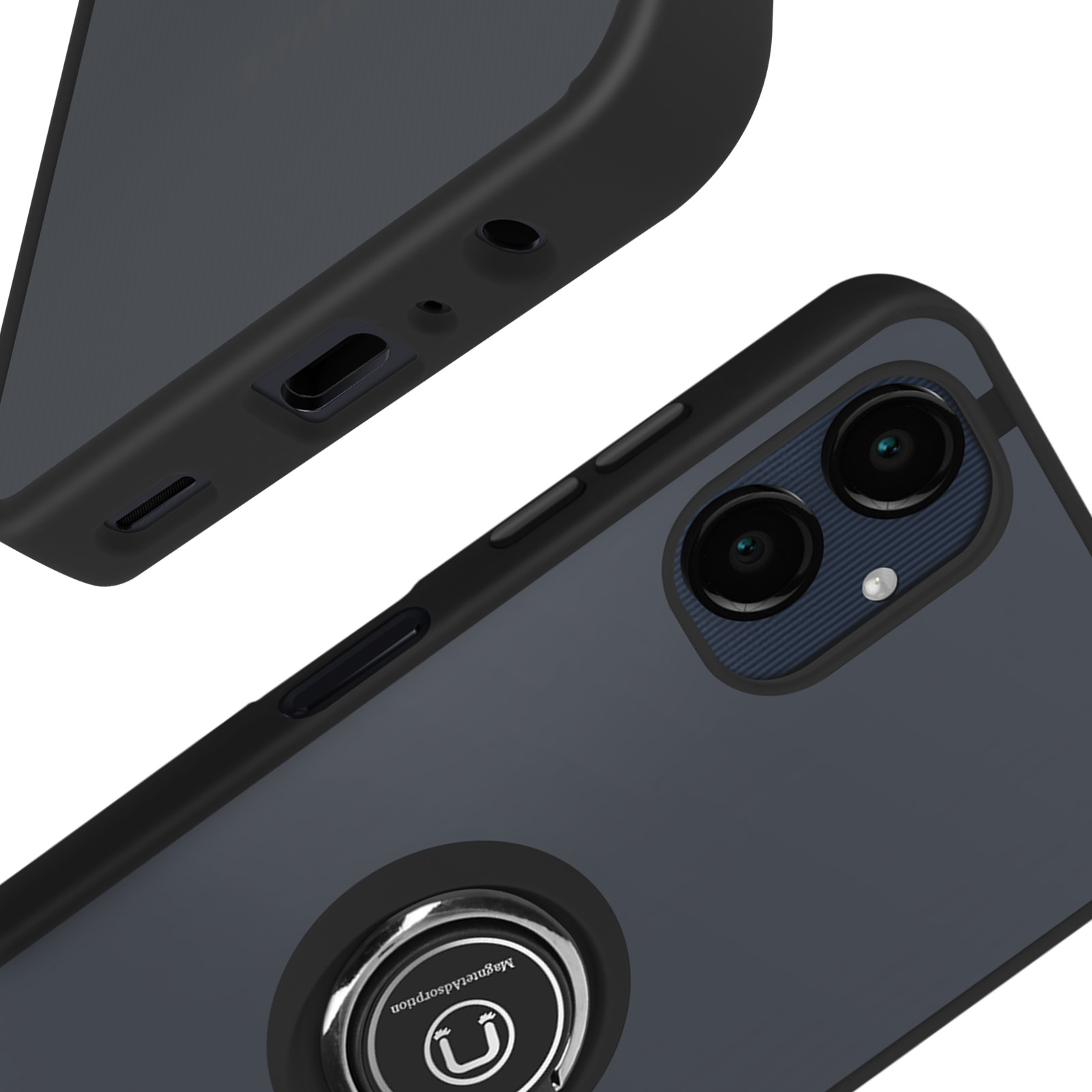 Primo piano di custodia nera per telefono con anello. Colori grigio e nero. Vista angolata.