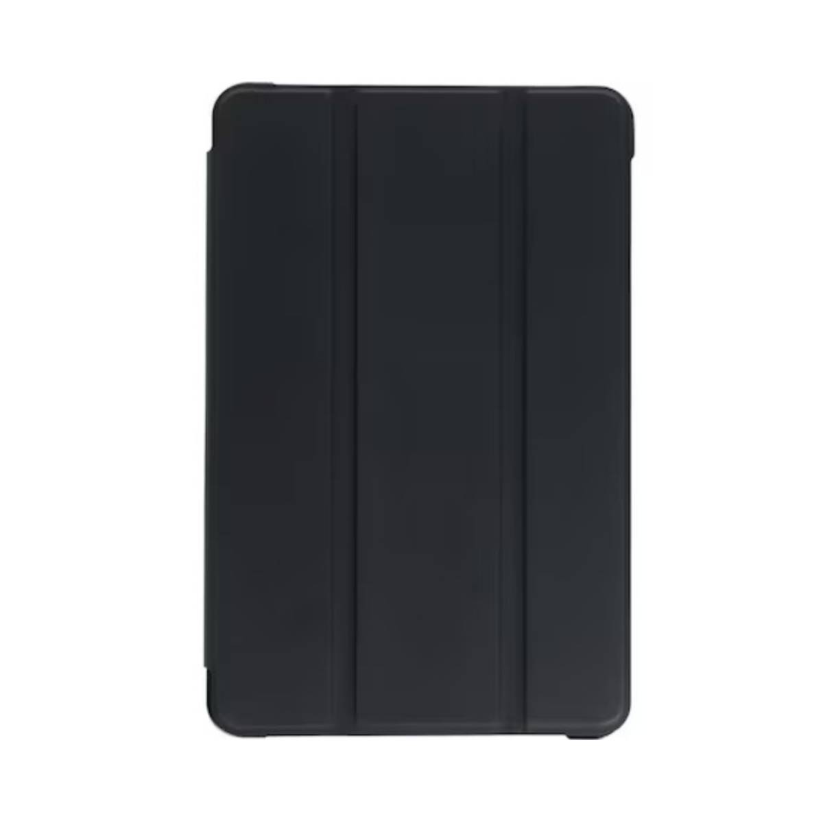 Una custodia nera chiusa per tablet. La custodia è nera. Lo sfondo è bianco.