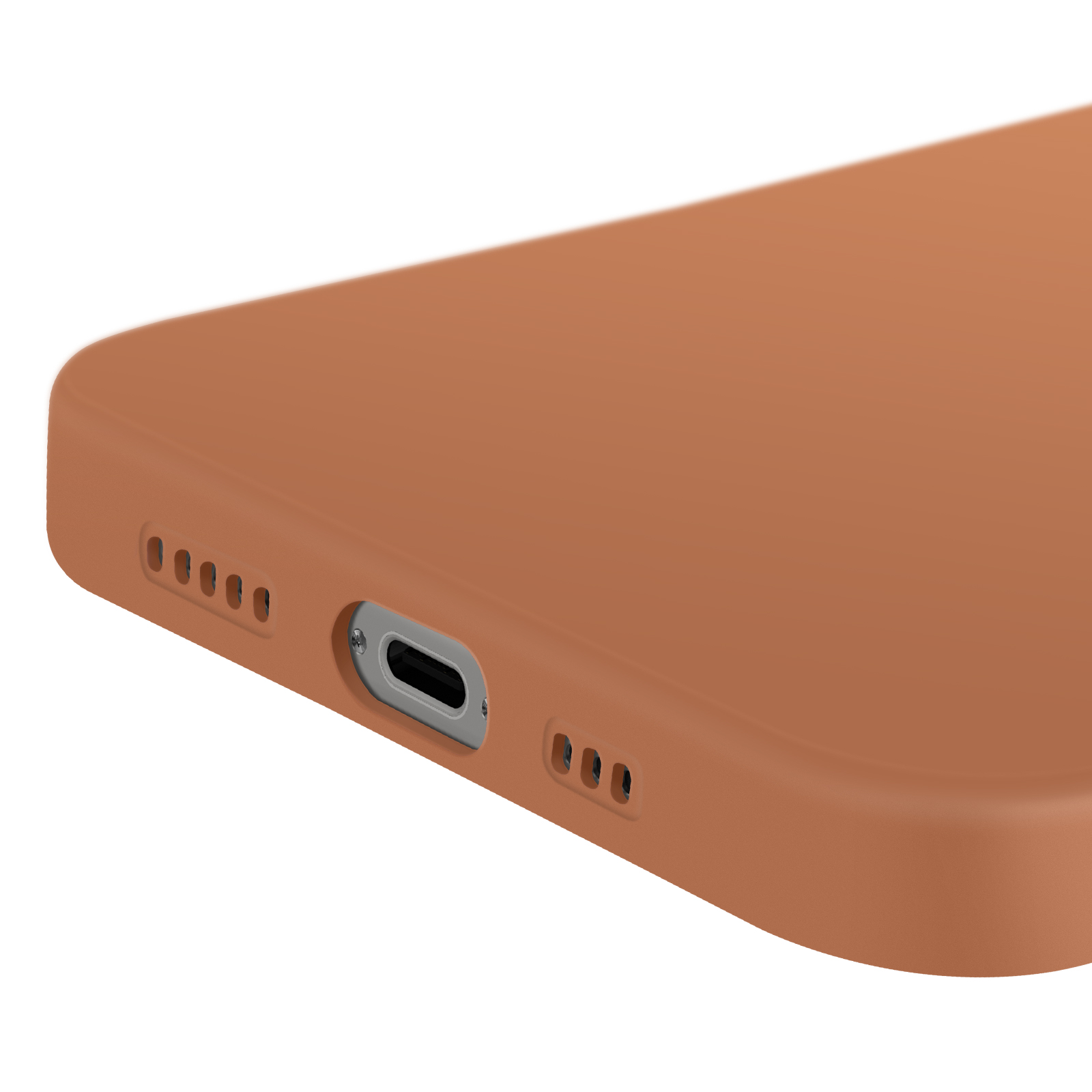 Primo piano di una custodia per telefono marrone con fori per le porte. La custodia è di colore arancione.