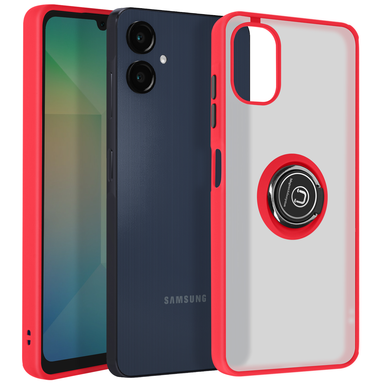 Funda de teléfono con contorno rojo, teléfono y soporte de anillo. Colores rojo, negro y transparente. SAMSUNG.