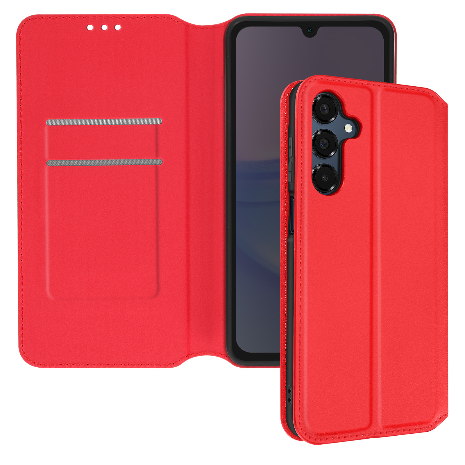 Custodia per telefono rossa con un telefono all'interno. La custodia è aperta, mostrando lo schermo del telefono e uno slot per schede.
