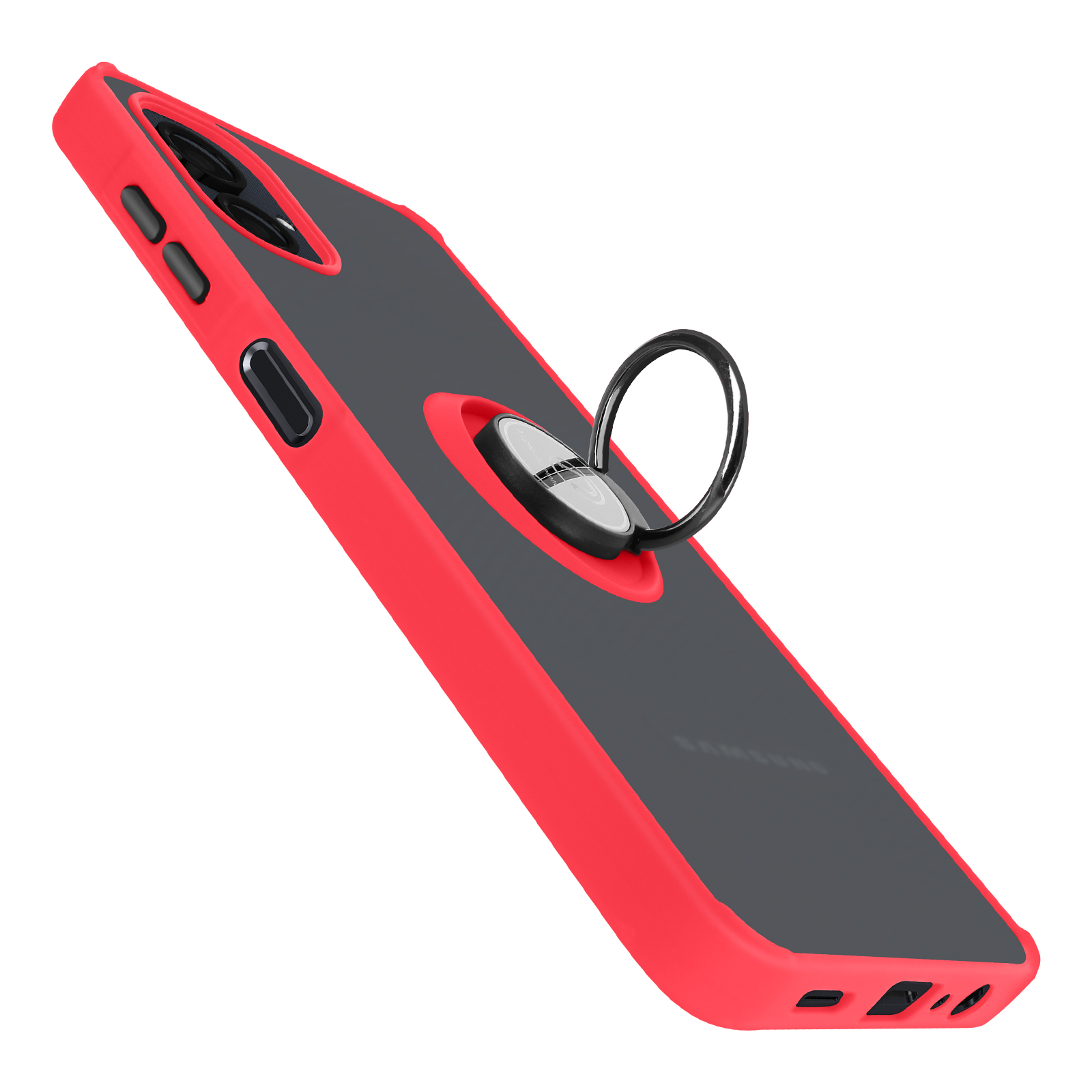 Funda con contorno rojo, teléfono y soporte de anillo. Rojo, negro y transparente. Vista en ángulo.