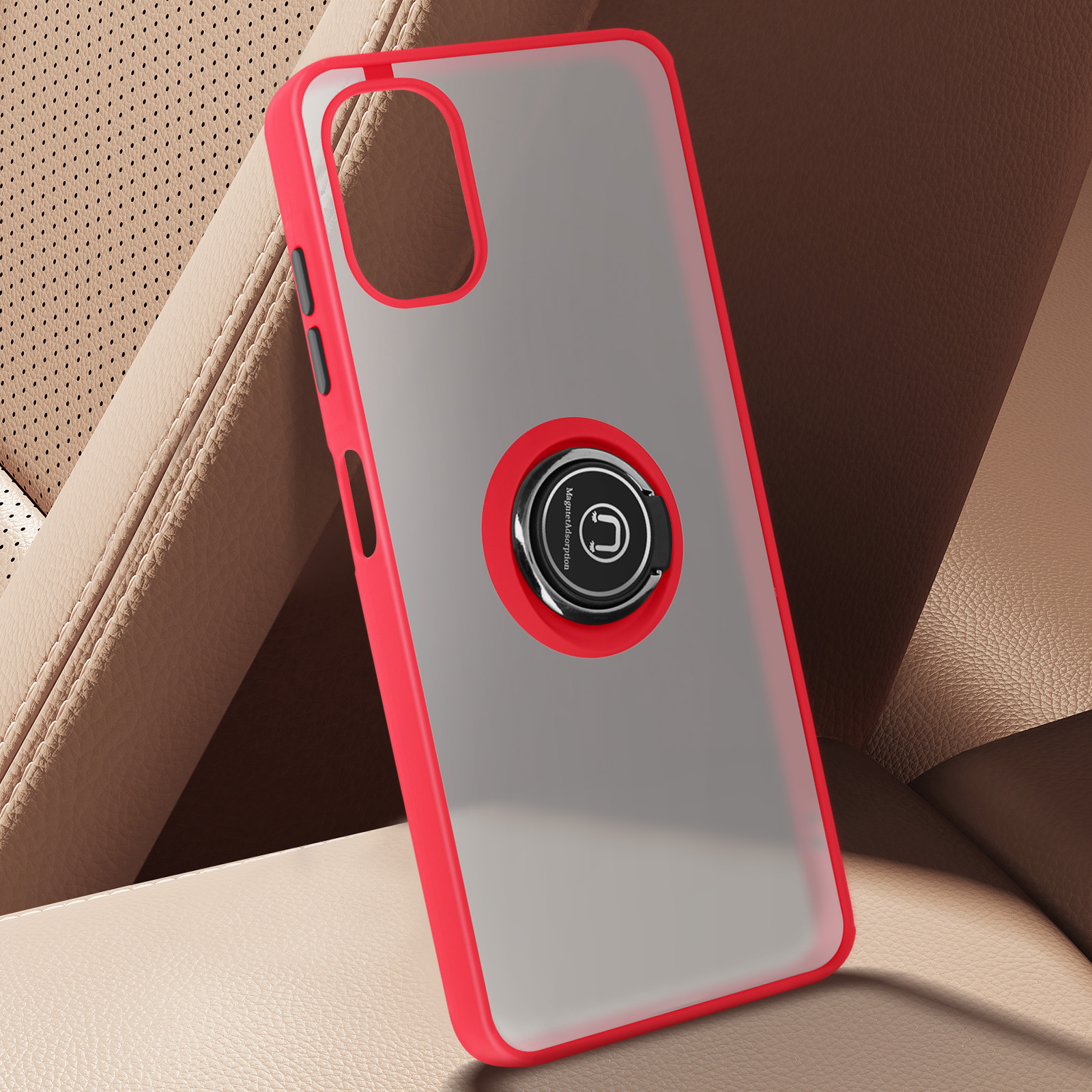 Funda de teléfono roja y transparente con un soporte de anillo. La funda del teléfono está sobre una superficie beige.
