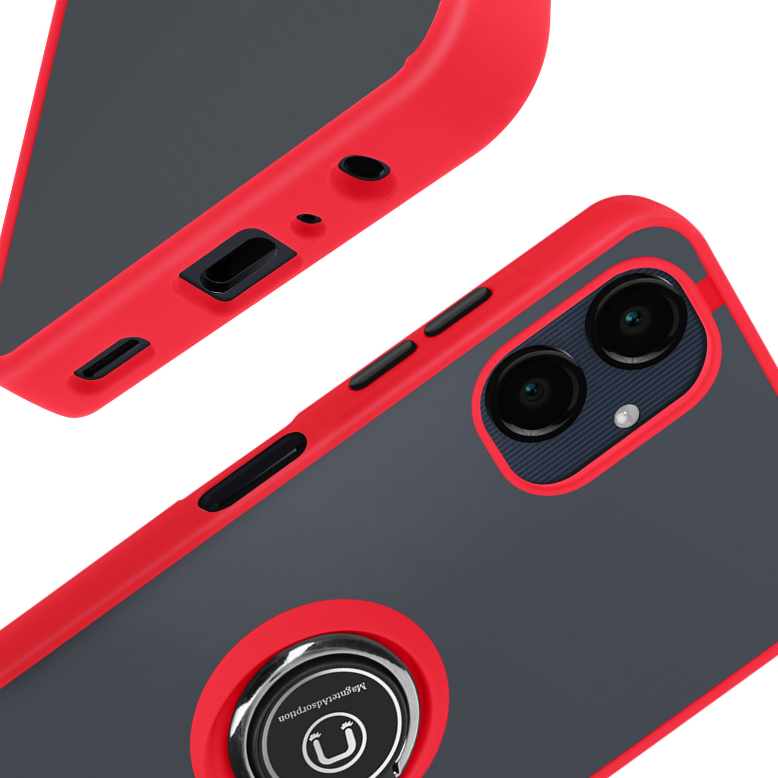 Primer plano de la funda del teléfono con soporte de anillo. Colores rojo y negro. Vista en ángulo.