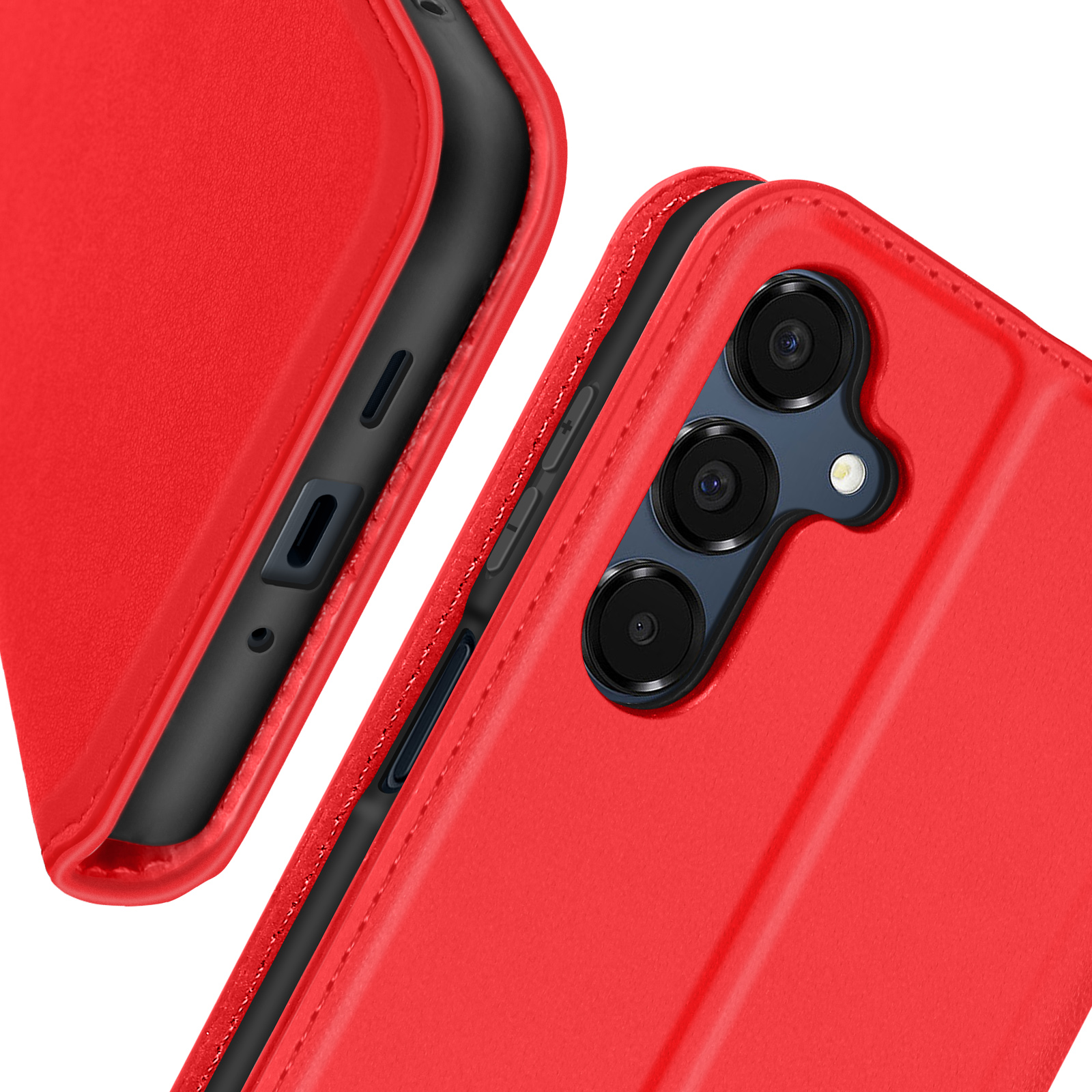 Primo piano di una custodia rossa con fori per fotocamera e rivestimento interno nero.