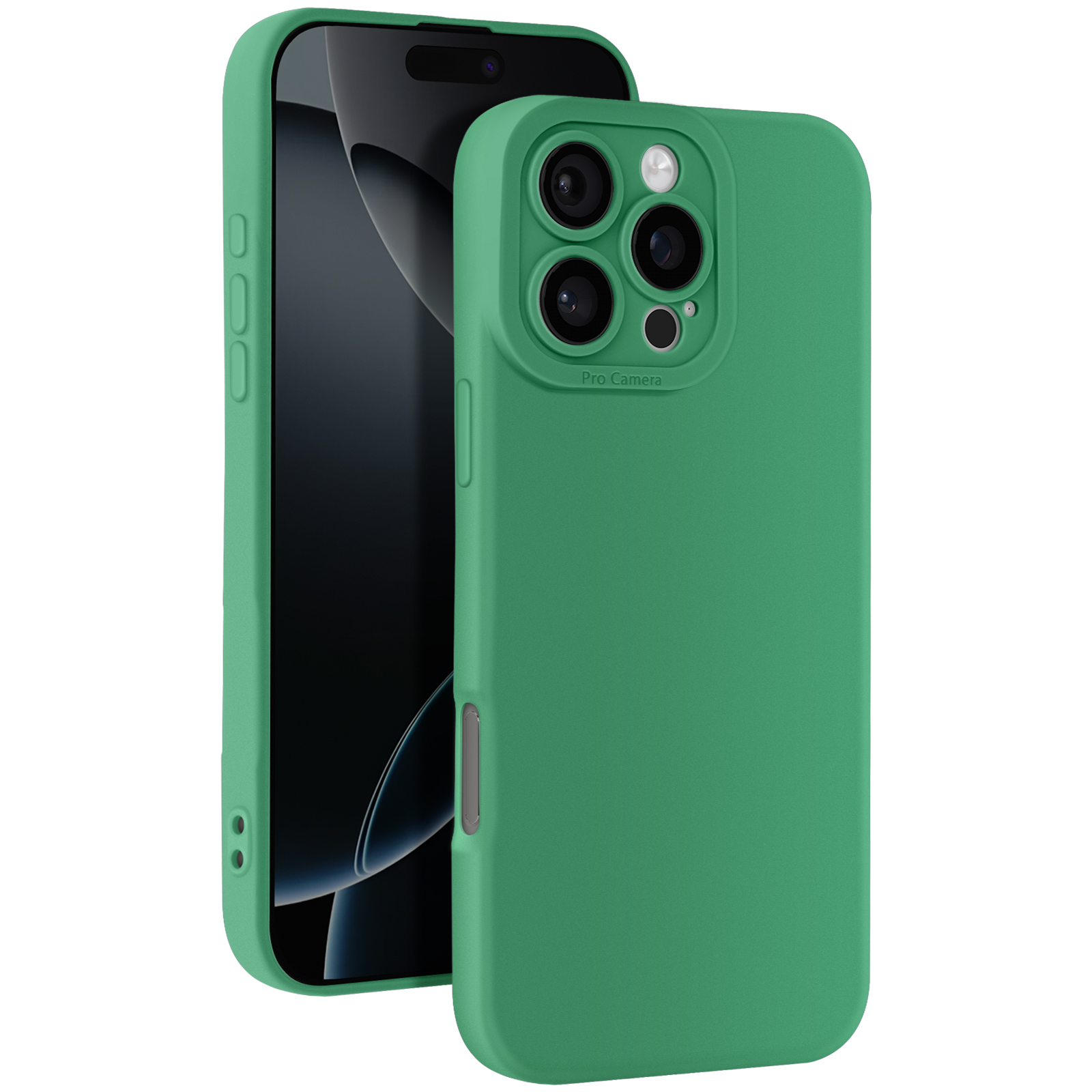 Custodia verde per telefono con fori per fotocamera. Altra custodia verde visibile. Isolato.