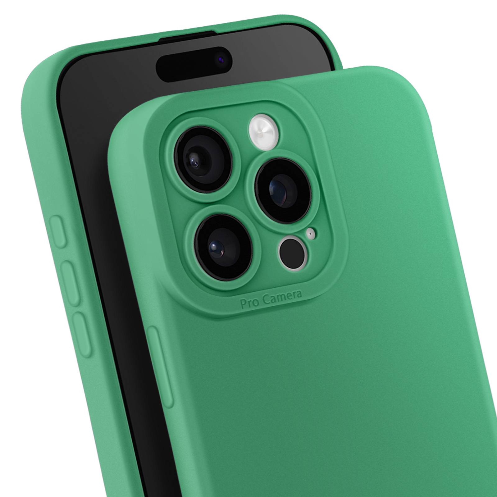 Custodia verde per telefono sopra un telefono nero. La custodia ha tre fori per la fotocamera e l'etichetta 'Pro Camera'.