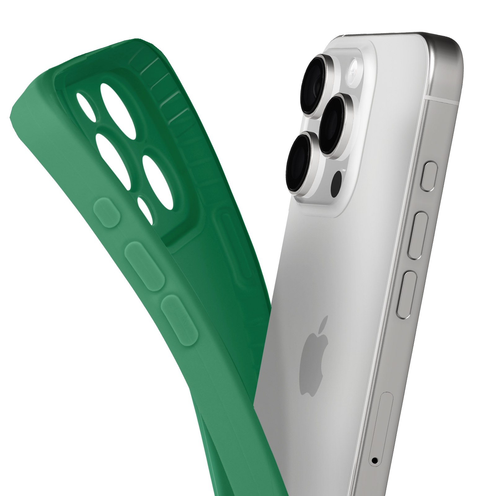 Custodia verde e retro del telefono su sfondo bianco. Logo Apple visibile.