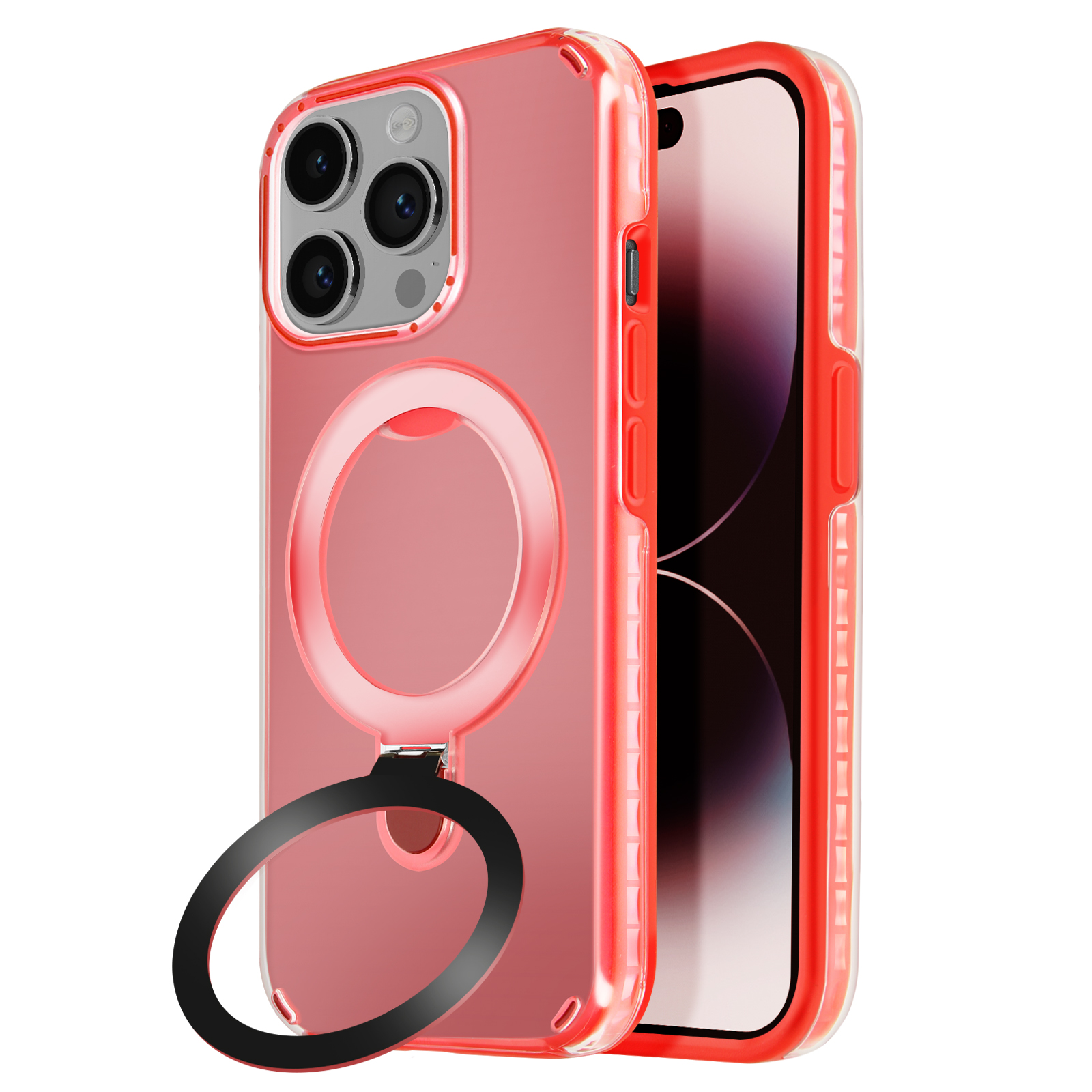 Custodia rossa con anello nero e telefono. Sfondo bianco. Primo piano.