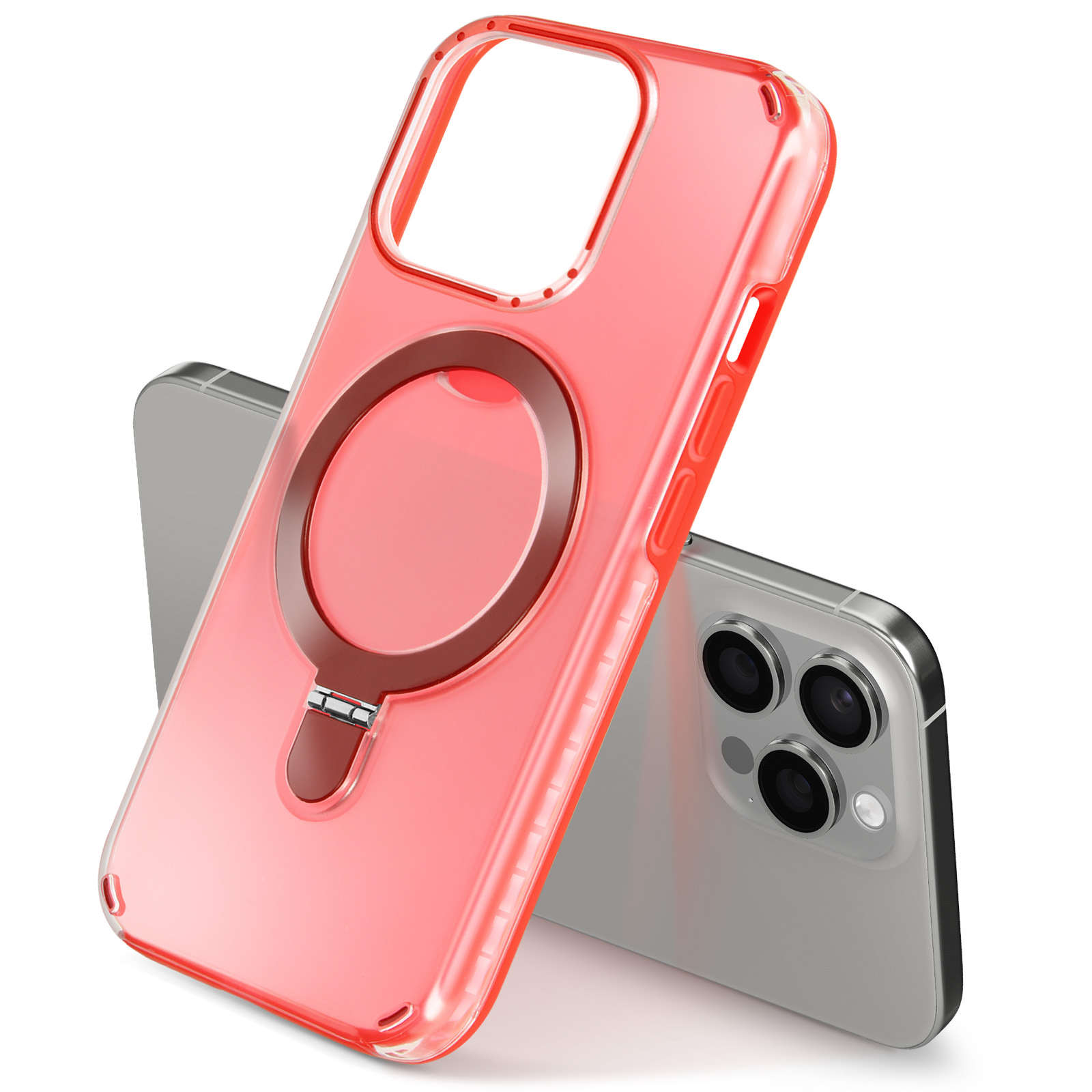 Custodia rossa con anello magnetico e telefono. Sfondo bianco. Primo piano.