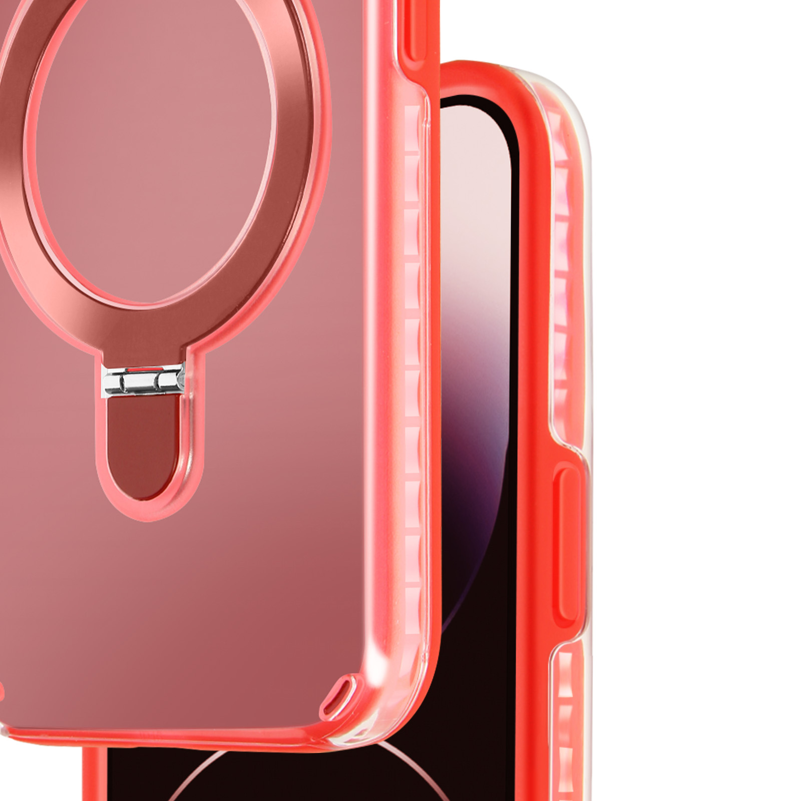 Vista ravvicinata di un telefono con custodia rossa. La custodia ha un supporto ad anello ed è leggermente angolata.