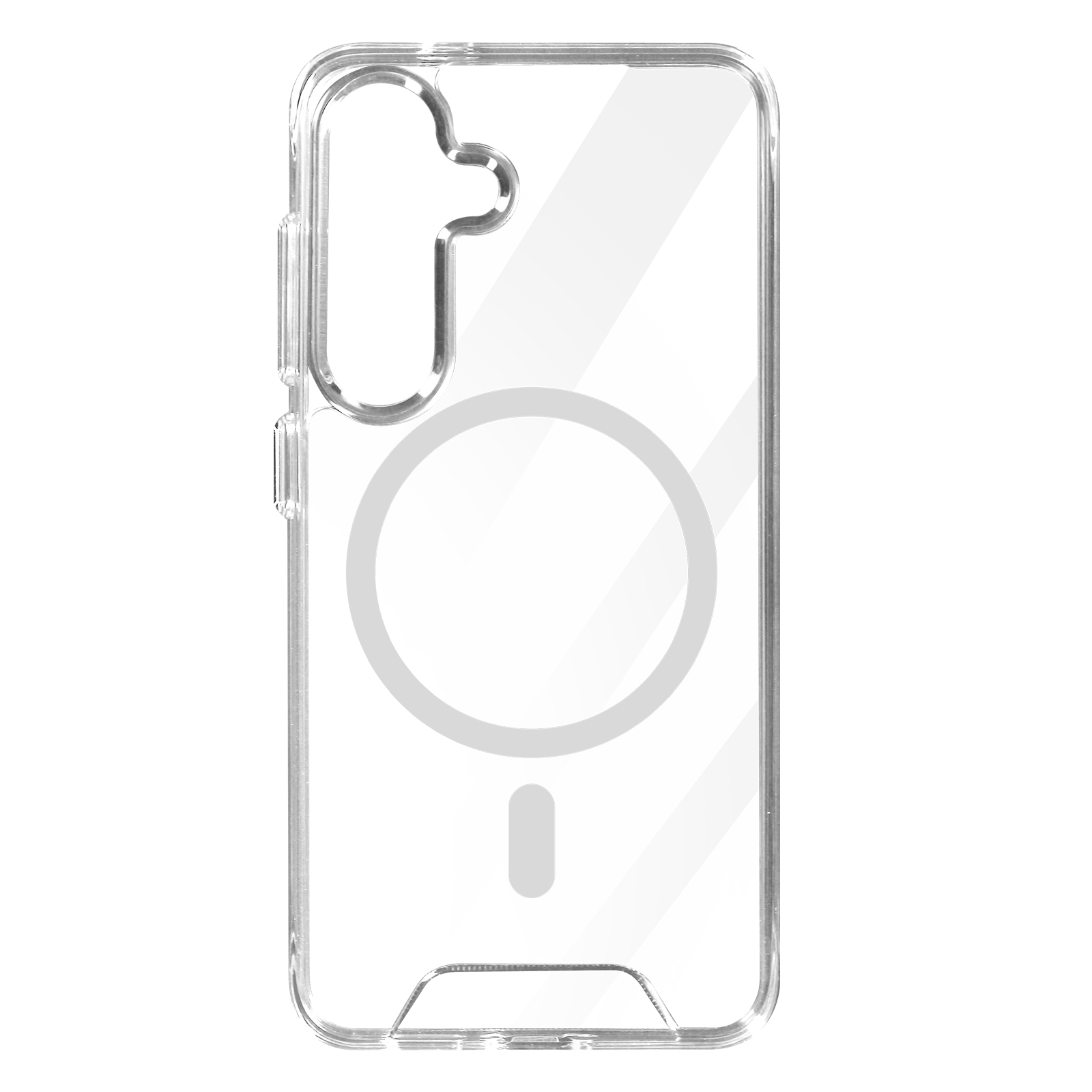 Custodia trasparente per telefono con ritaglio fotocamera arrotondato e cerchio e barra magnetici bianchi.