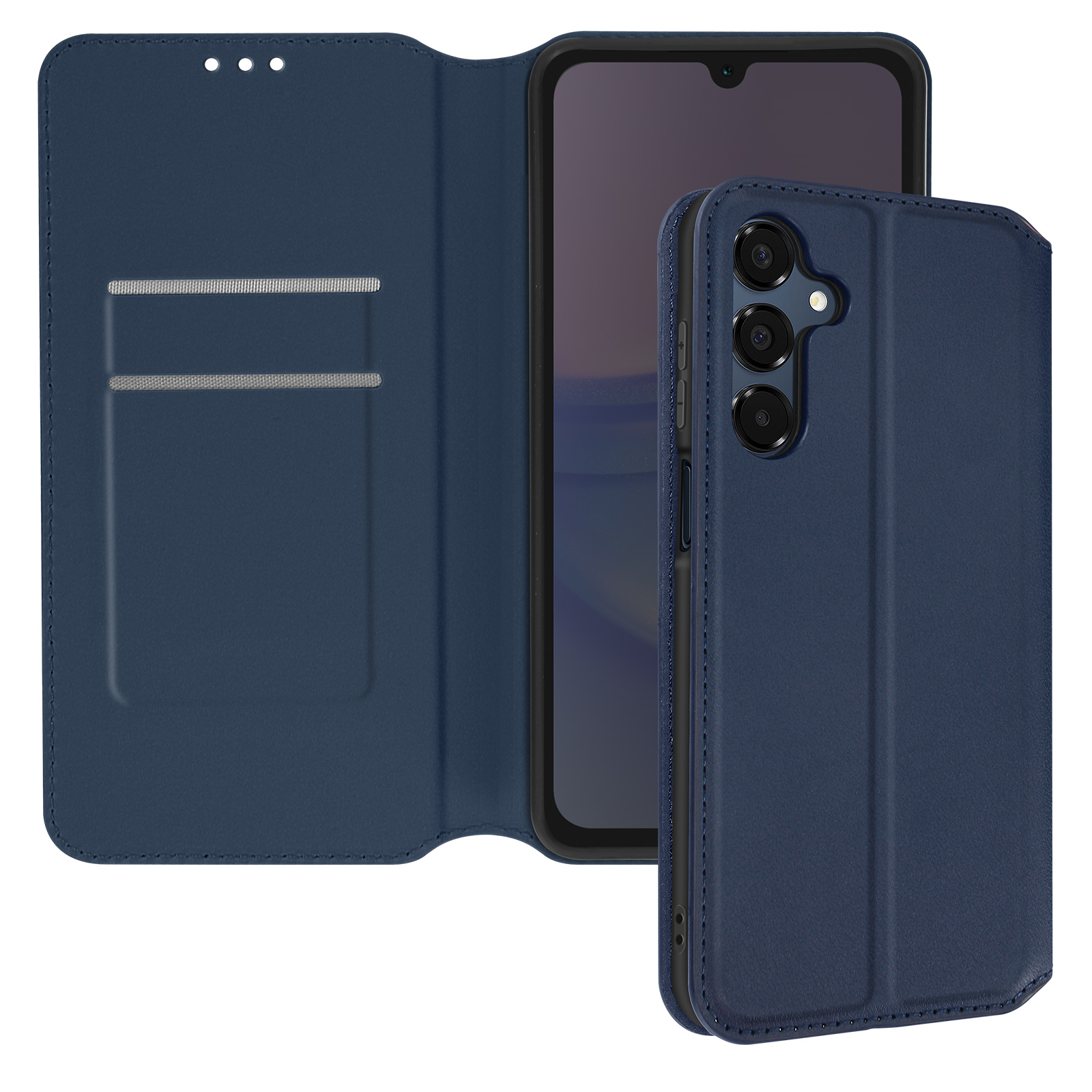 Una custodia per telefono blu scuro, aperta, che mostra un telefono. La custodia ha una patta e si erge in posizione verticale.