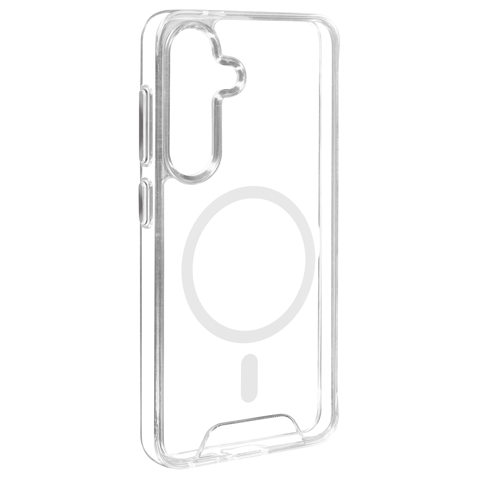 Custodia trasparente per telefono con cerchio e barra magnetici bianchi. La custodia ha bordi arrotondati.