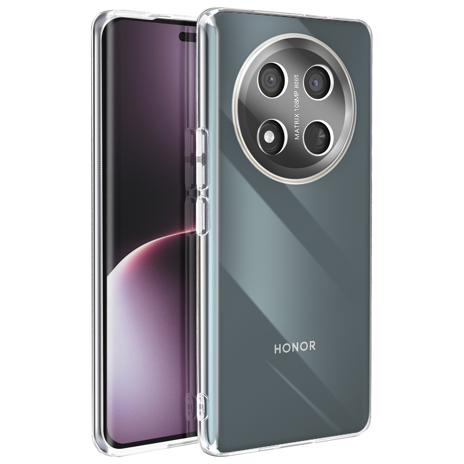 Telefono in una custodia trasparente. La custodia mostra il retro del telefono con logo Honor e modulo fotocamera.