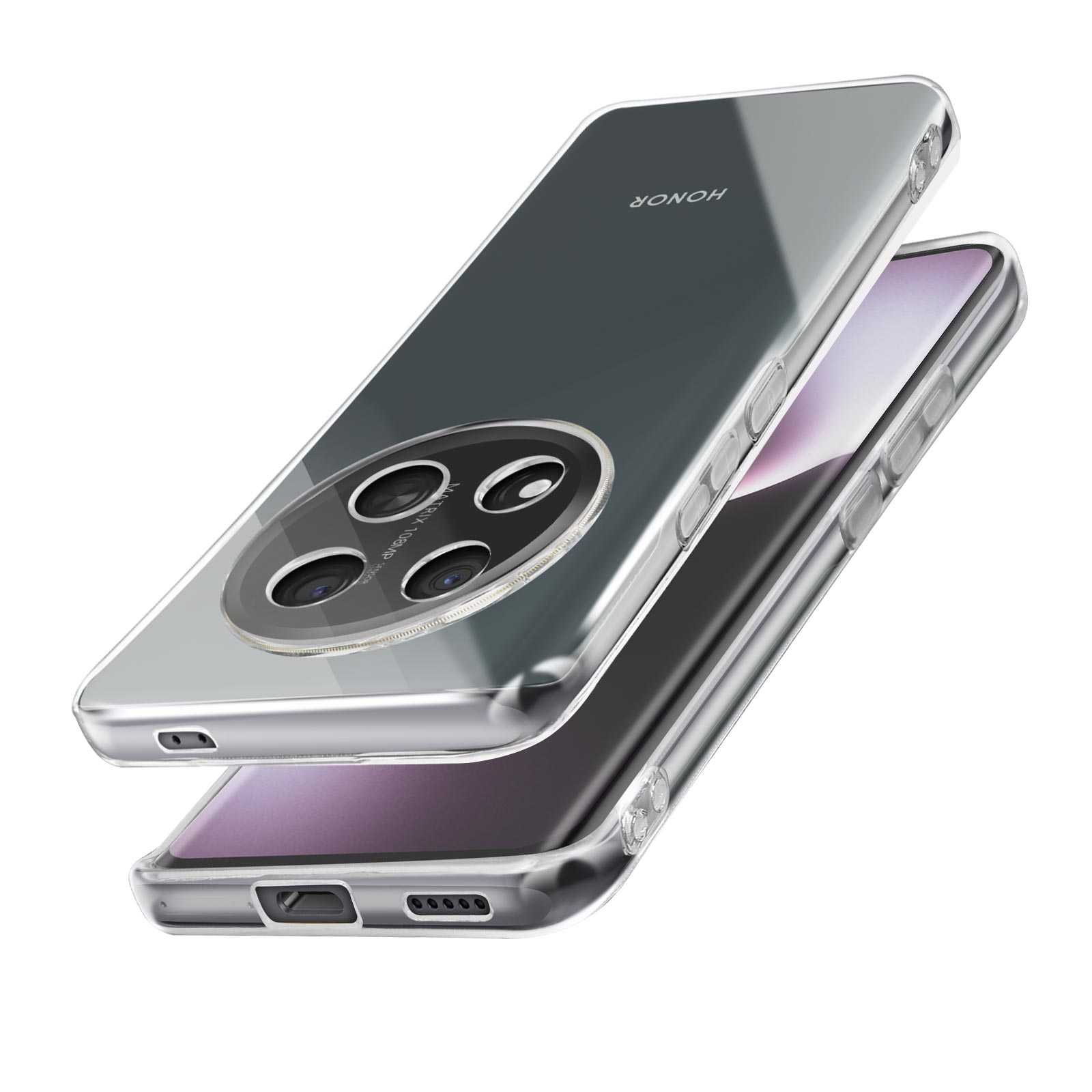 Due telefoni in custodie trasparenti, uno sopra l'altro. Le custodie mostrano il retro e il modulo fotocamera del telefono.