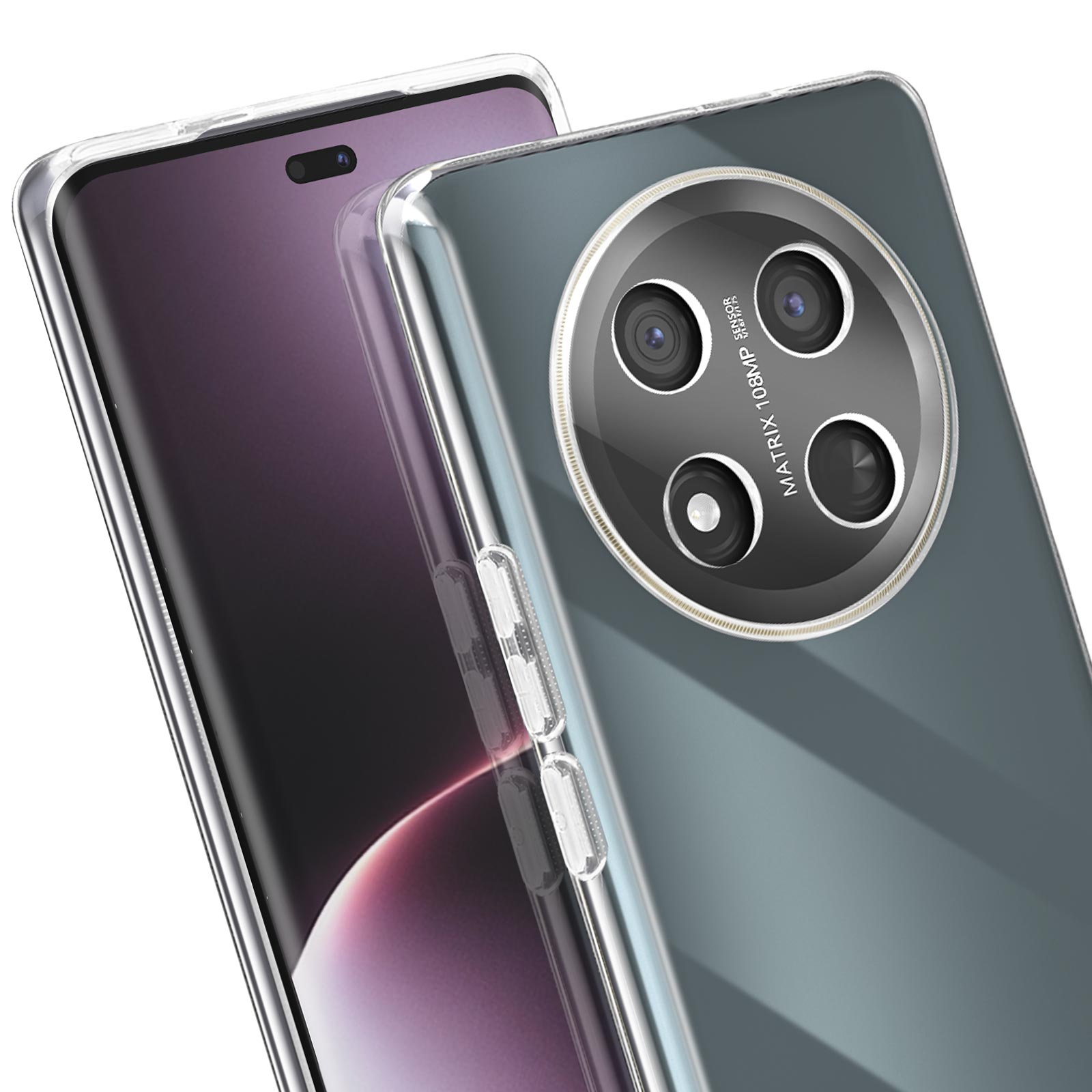 Primo piano di un telefono in una custodia trasparente. La custodia evidenzia il modulo fotocamera e la cornice del telefono.