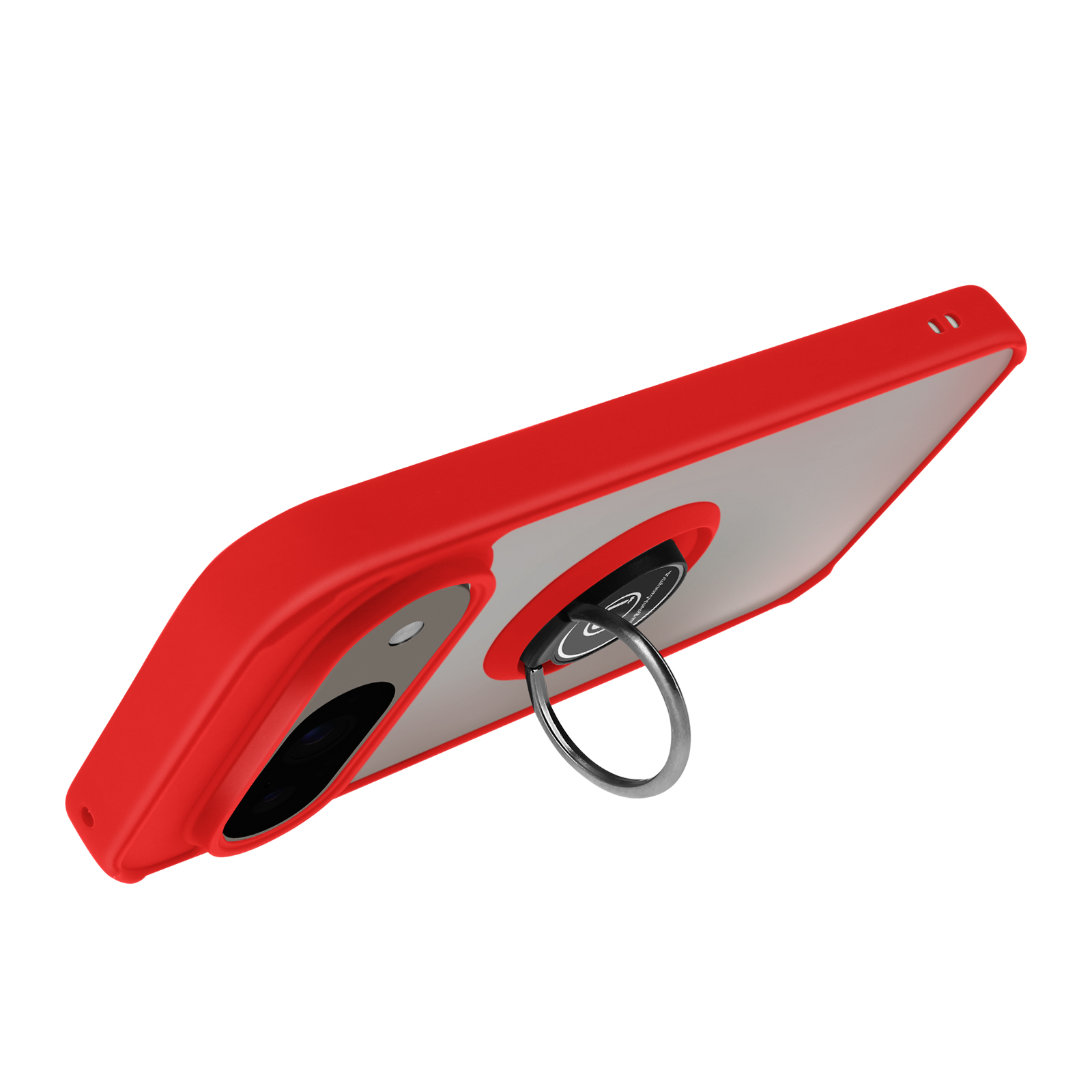 Custodia rossa per telefono con anello. La custodia è trasparente con cornice rossa e anello argentato.