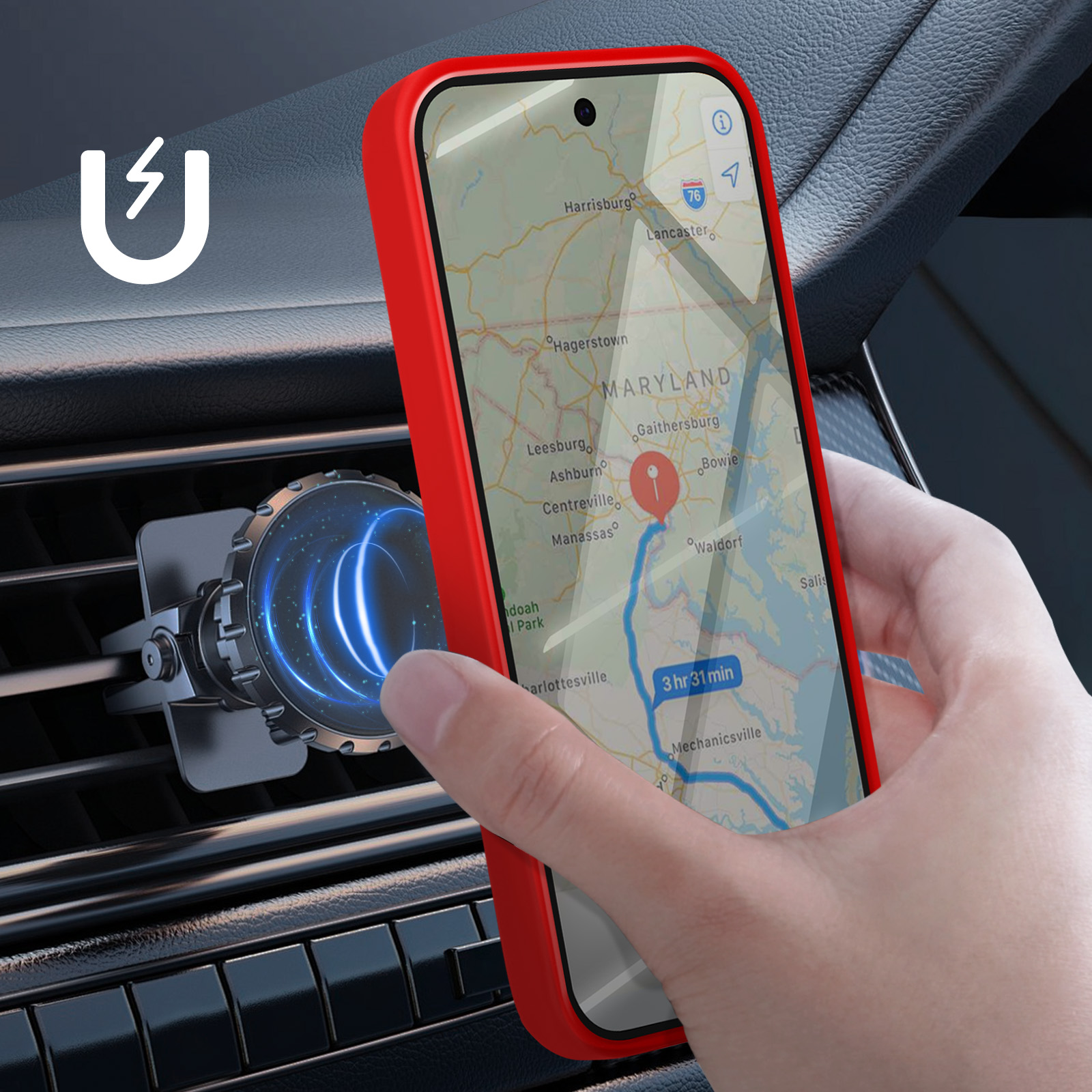 Custodia rossa per telefono con telefono all'interno che mostra la navigazione della mappa. Telefono in supporto di ventilazione.