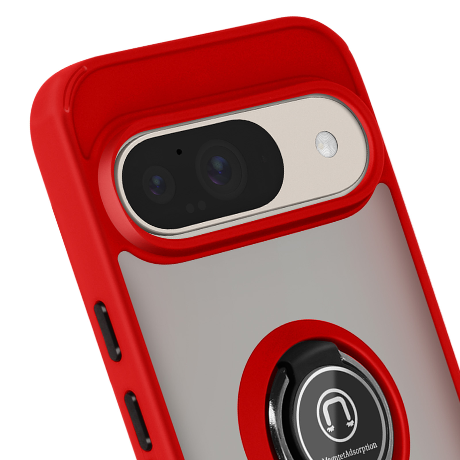 Primo piano del telefono in custodia rossa. La custodia ha un porta anello. Il telefono è bianco con dettagli argentati.