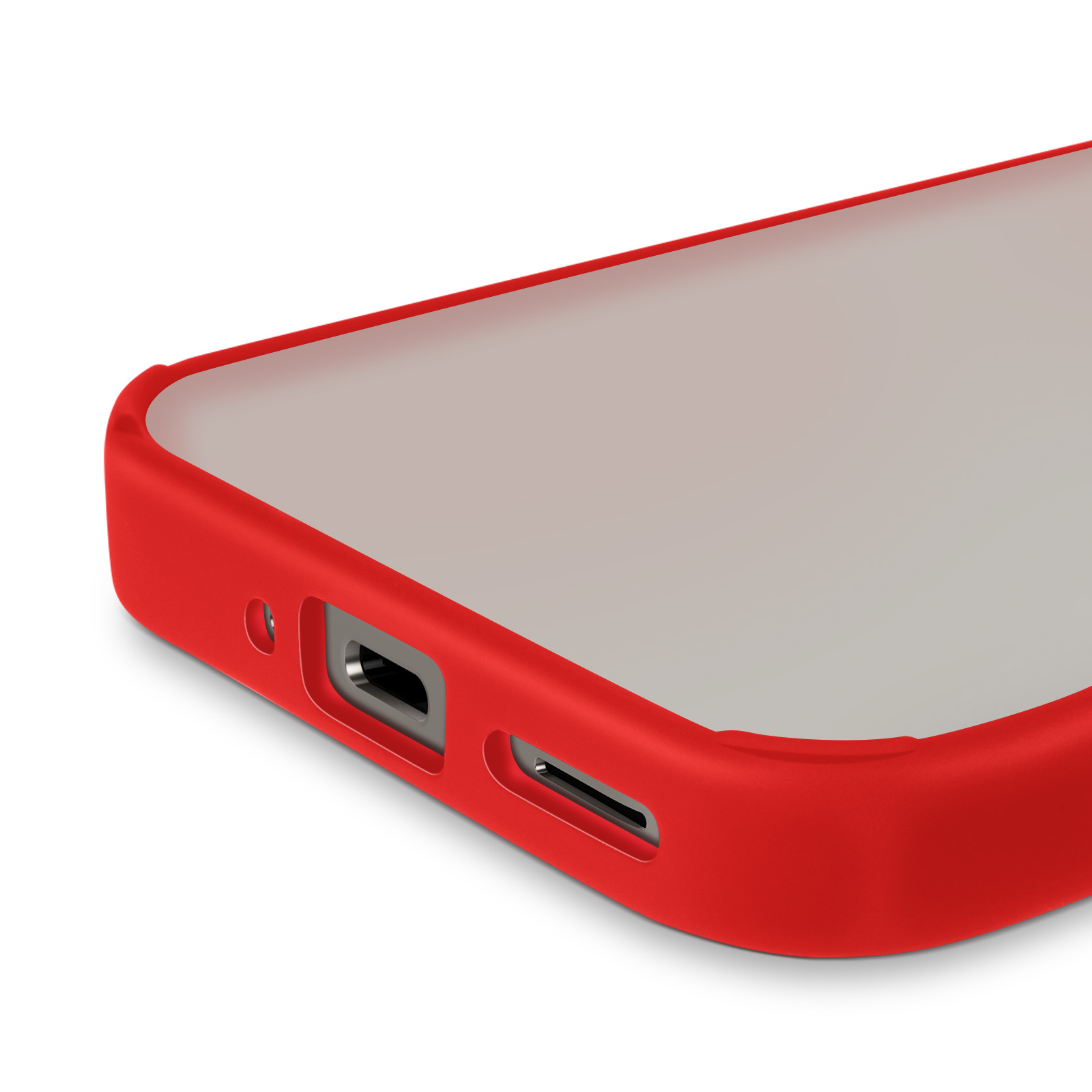 Primo piano di una custodia rossa per telefono. Mostra la parte inferiore della custodia con la porta di ricarica.
