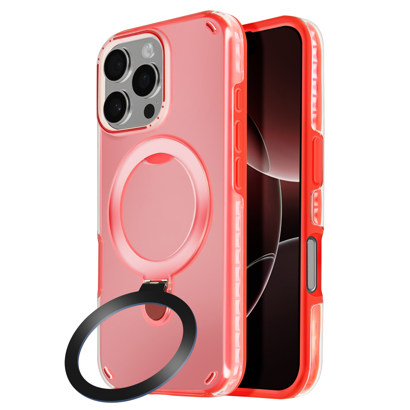 Telefono in custodia rossa con porta anello. Il telefono ha più fotocamere. Porta anello nero.
