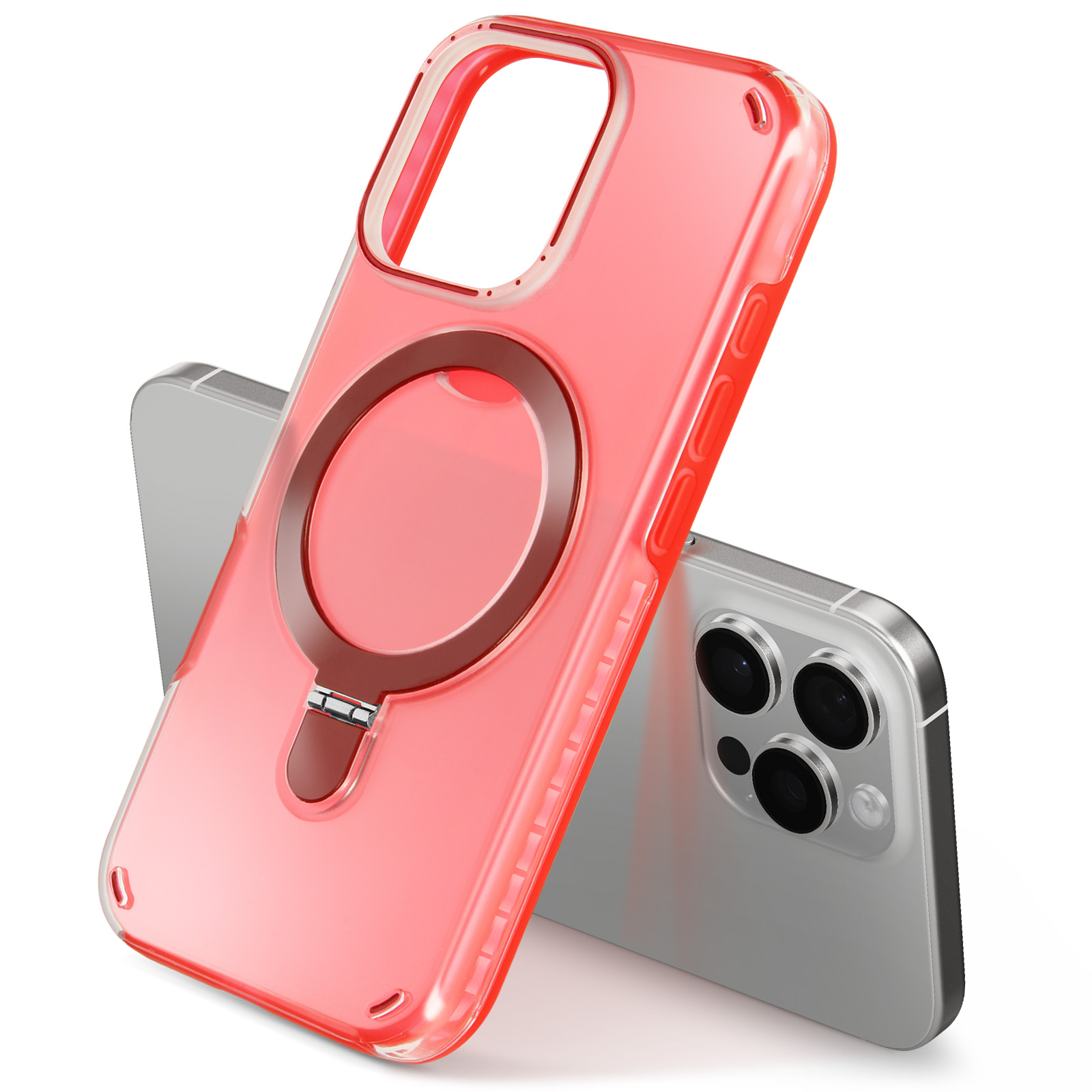 Custodia rossa per telefono con porta anello e telefono. Il telefono è argento. Sfondo bianco.