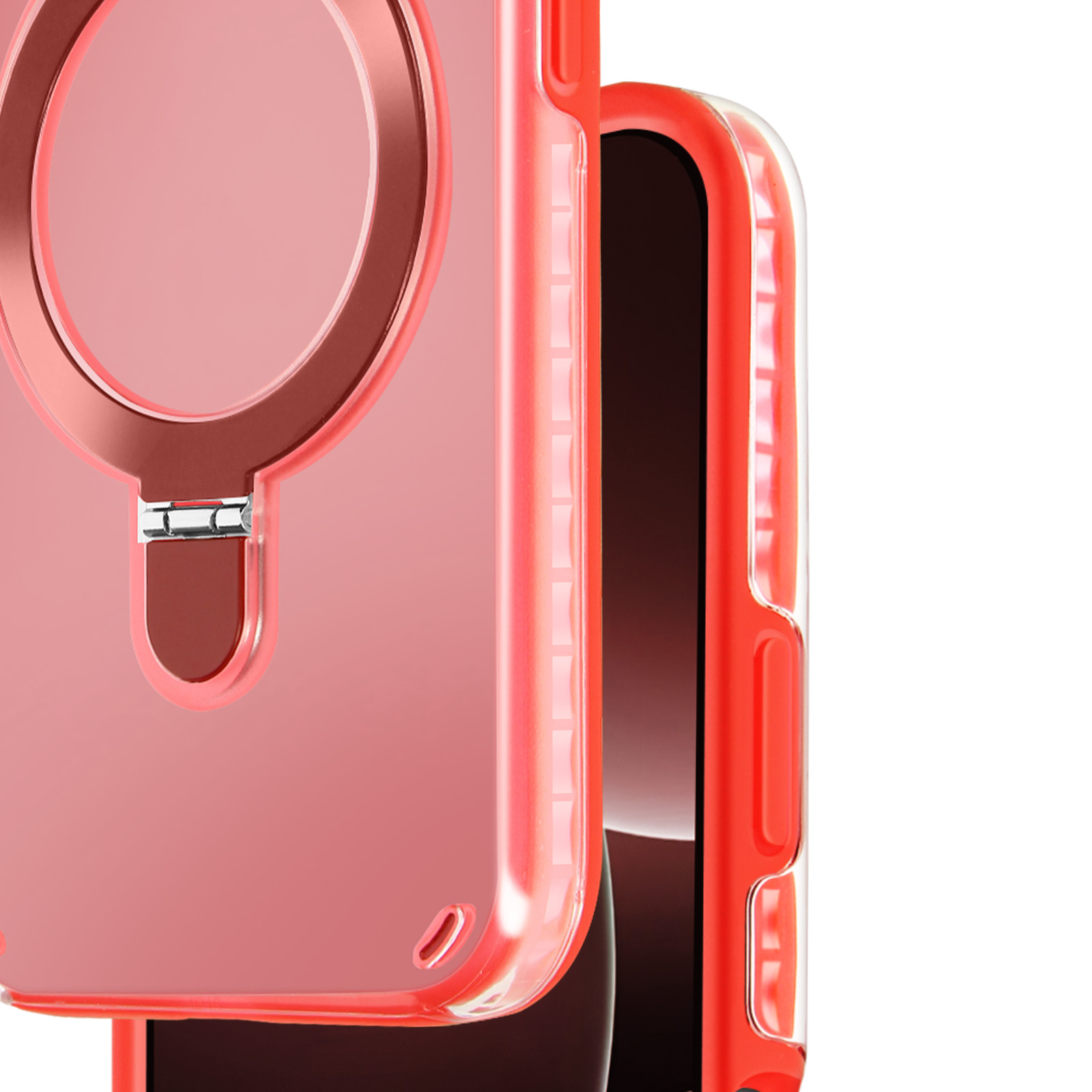 Primo piano del telefono in custodia rossa. Porta anello. Sfondo bianco.