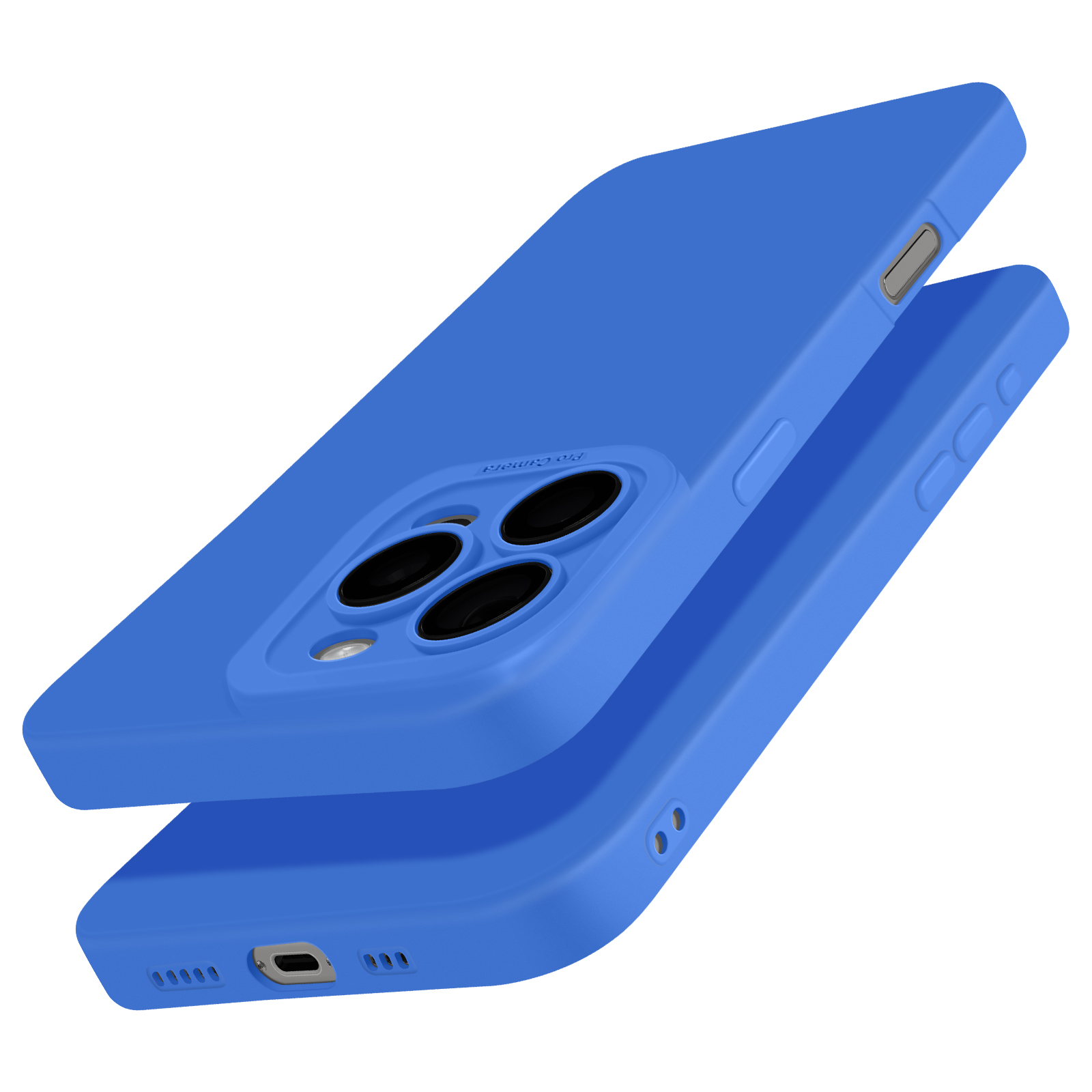 Custodie blu per telefono. Una custodia è sopra l'altra. Lo sfondo è bianco.