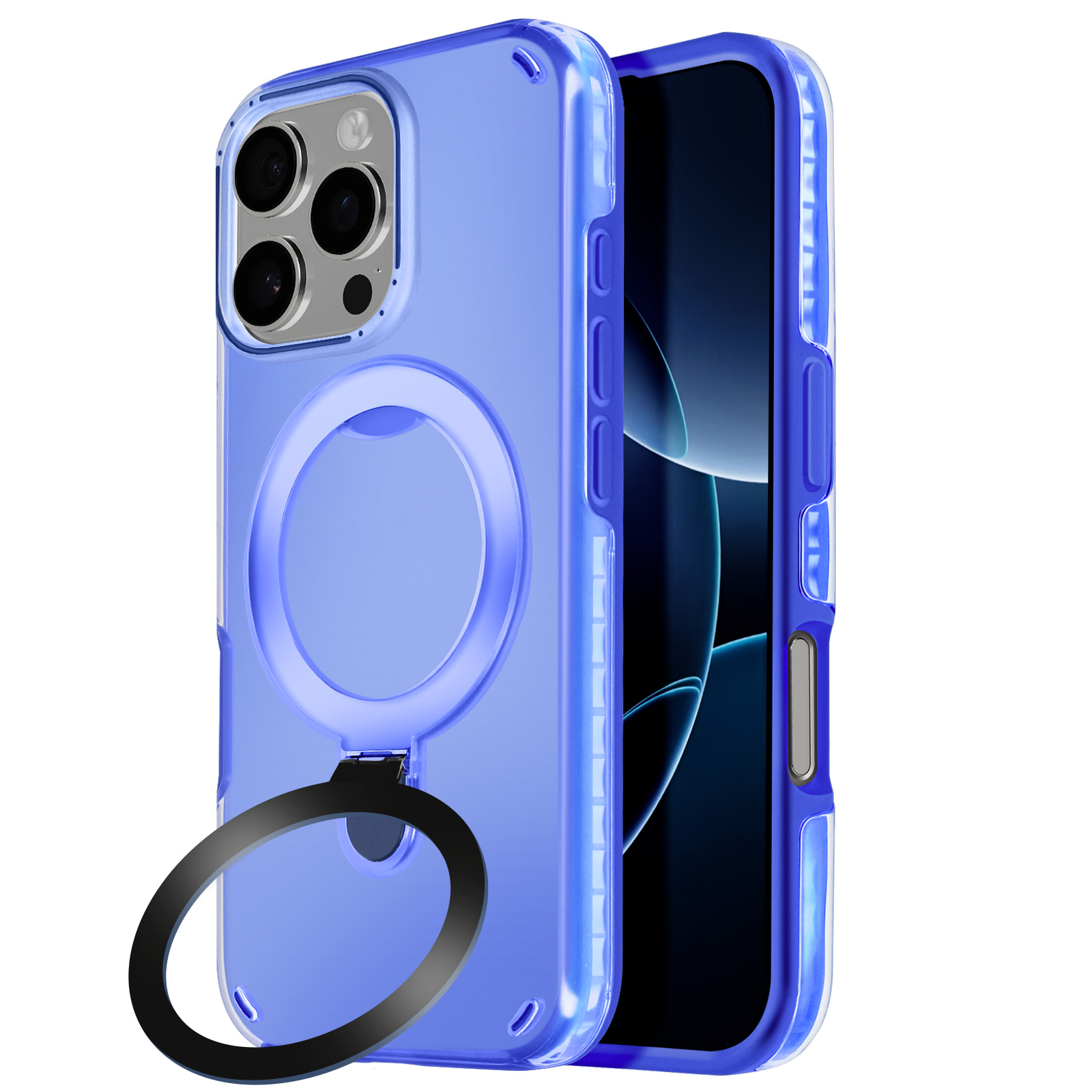 Custodia blu con anello. Un telefono è dentro. Sfondo bianco.