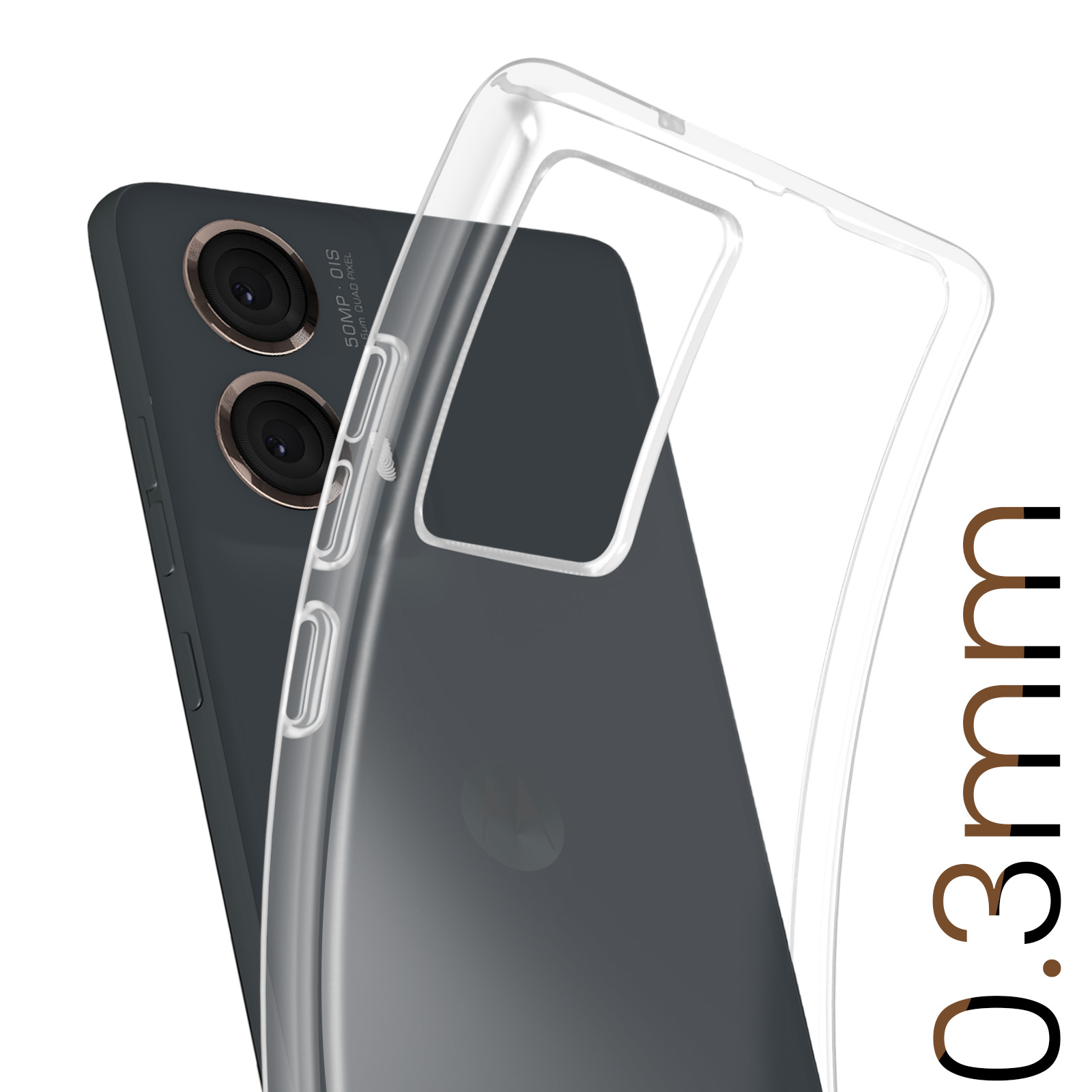 Telefono con custodia trasparente. Primo piano delle fotocamere del telefono. Testo 0,3 mm.