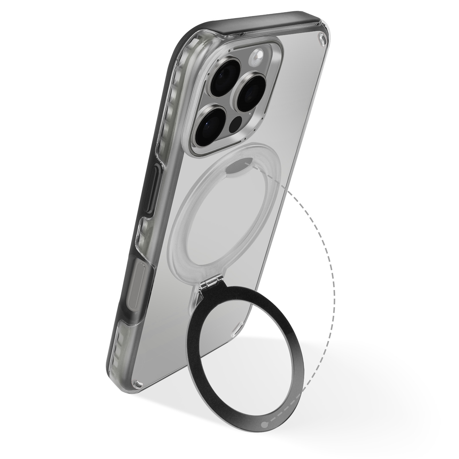 Un telefono in una custodia trasparente con un supporto ad anello. L'anello è staccato e la custodia è inclinata.